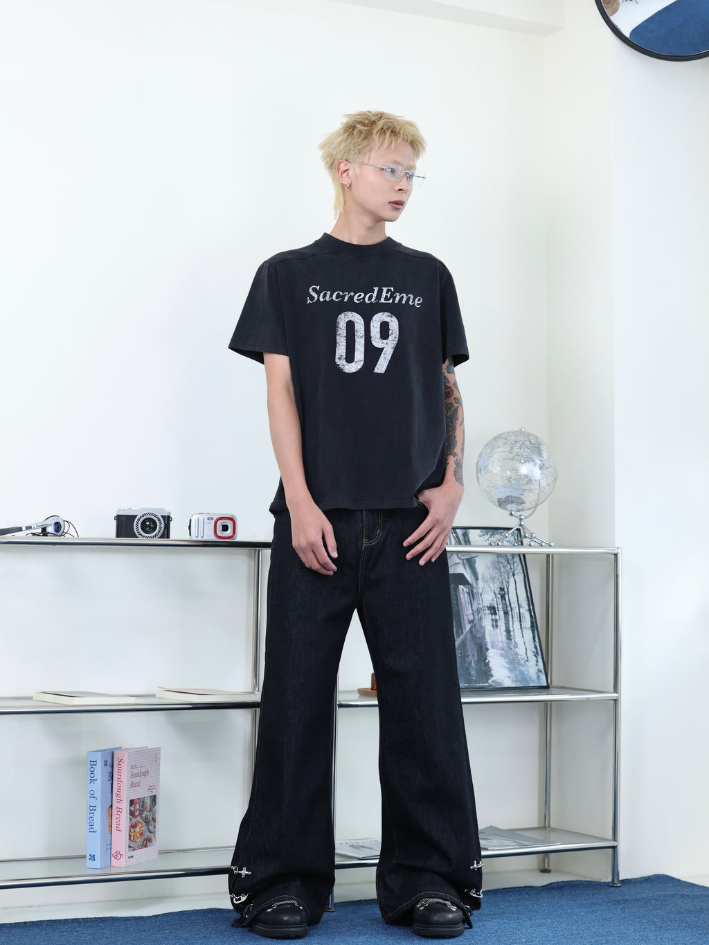 美式 復古 做舊 水洗 斑駁 數字印花 正肩 合身 短版 短袖 T-shirt