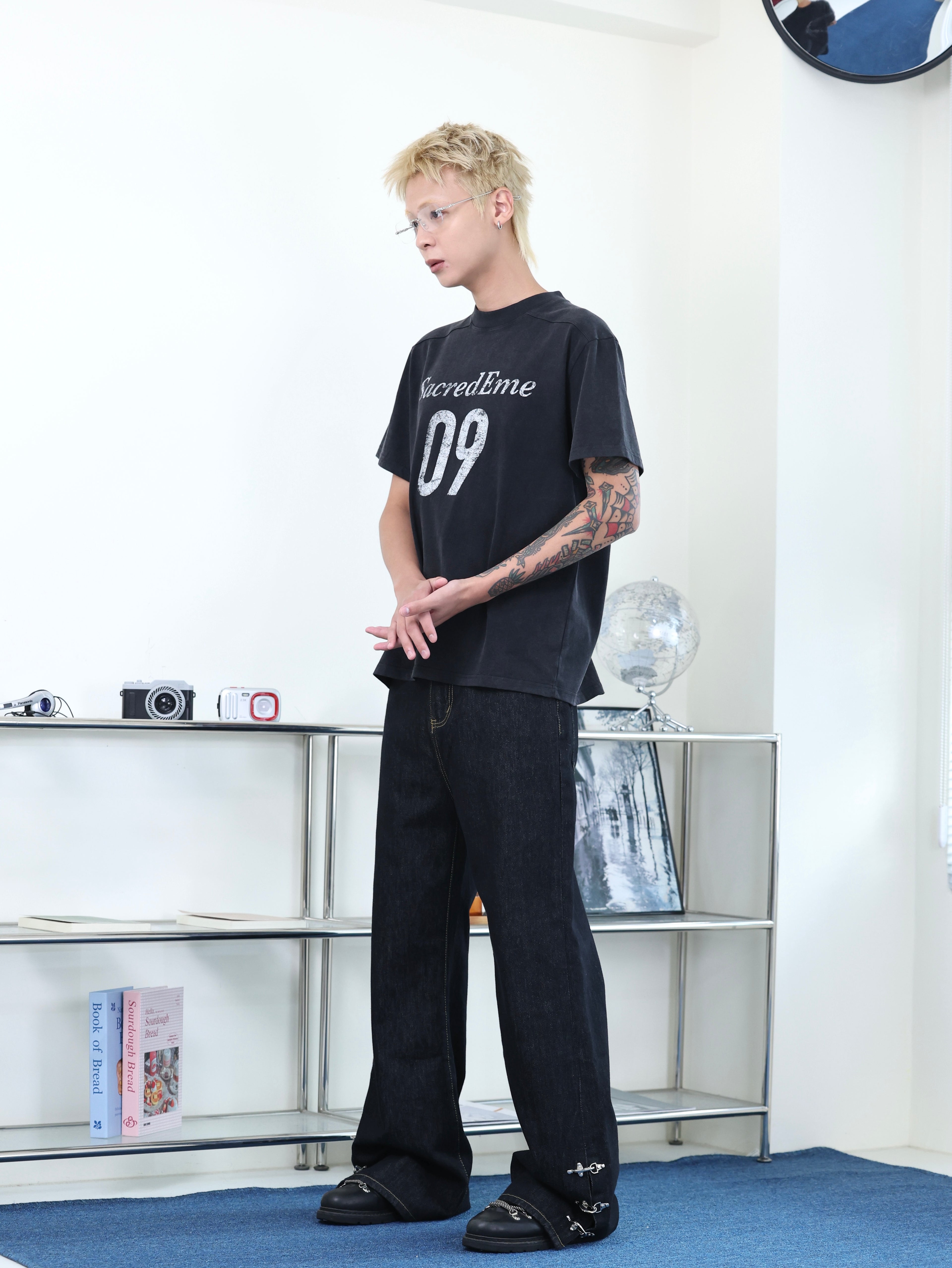 美式 復古 做舊 水洗 斑駁 數字印花 正肩 合身 短版 短袖 T-shirt