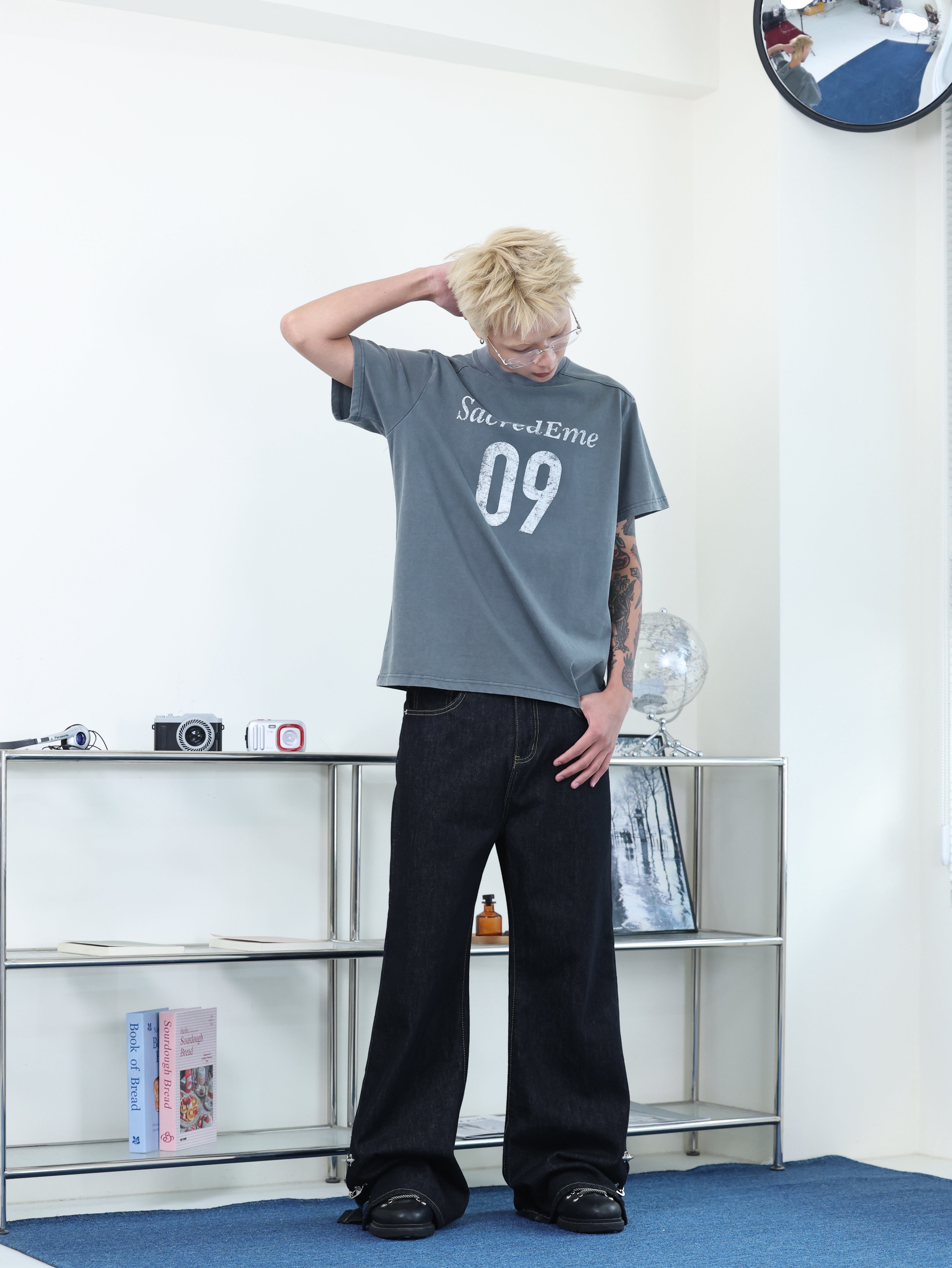 美式 復古 做舊 水洗 斑駁 數字印花 正肩 合身 短版 短袖 T-shirt