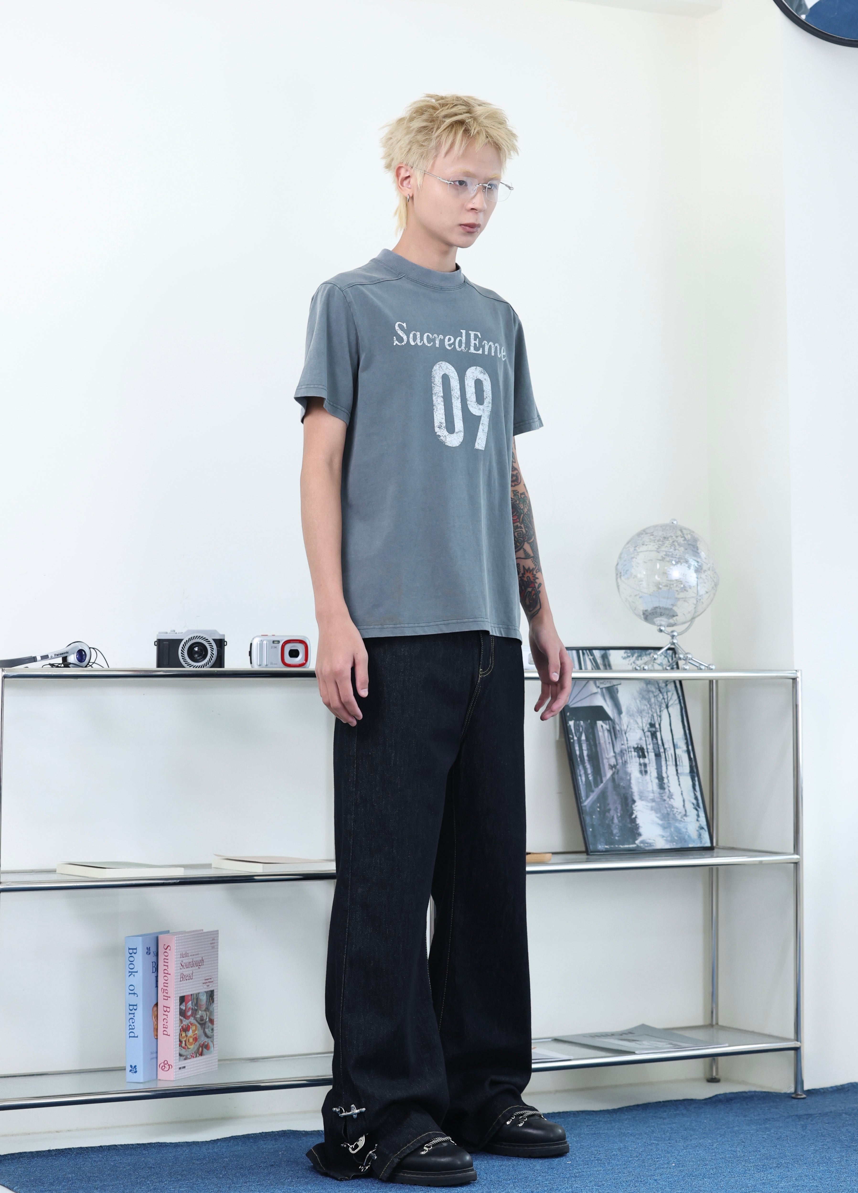 美式 復古 做舊 水洗 斑駁 數字印花 正肩 合身 短版 短袖 T-shirt