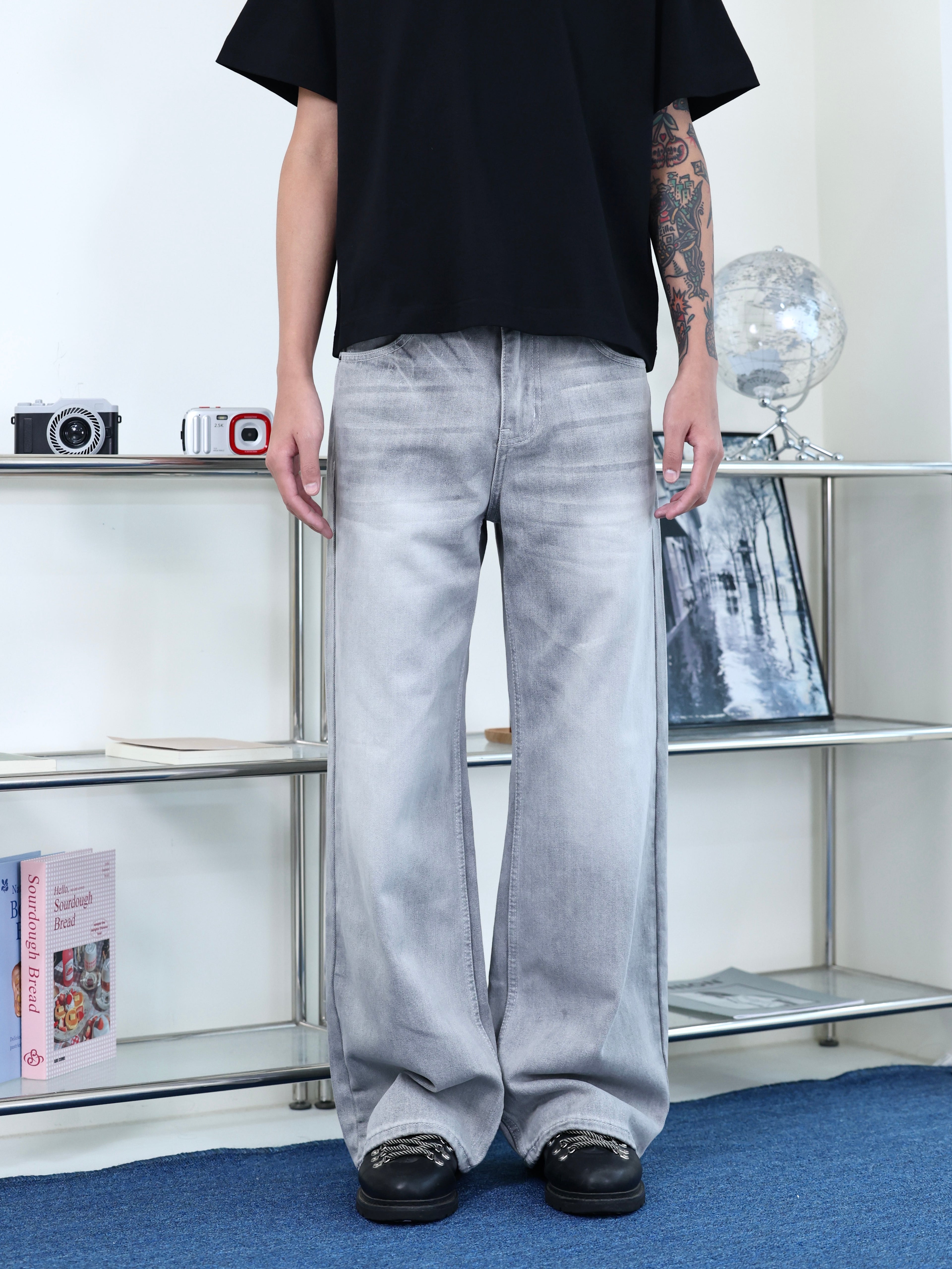 clean fit 簡約 百搭 直筒 水洗 煙灰色 牛仔長褲