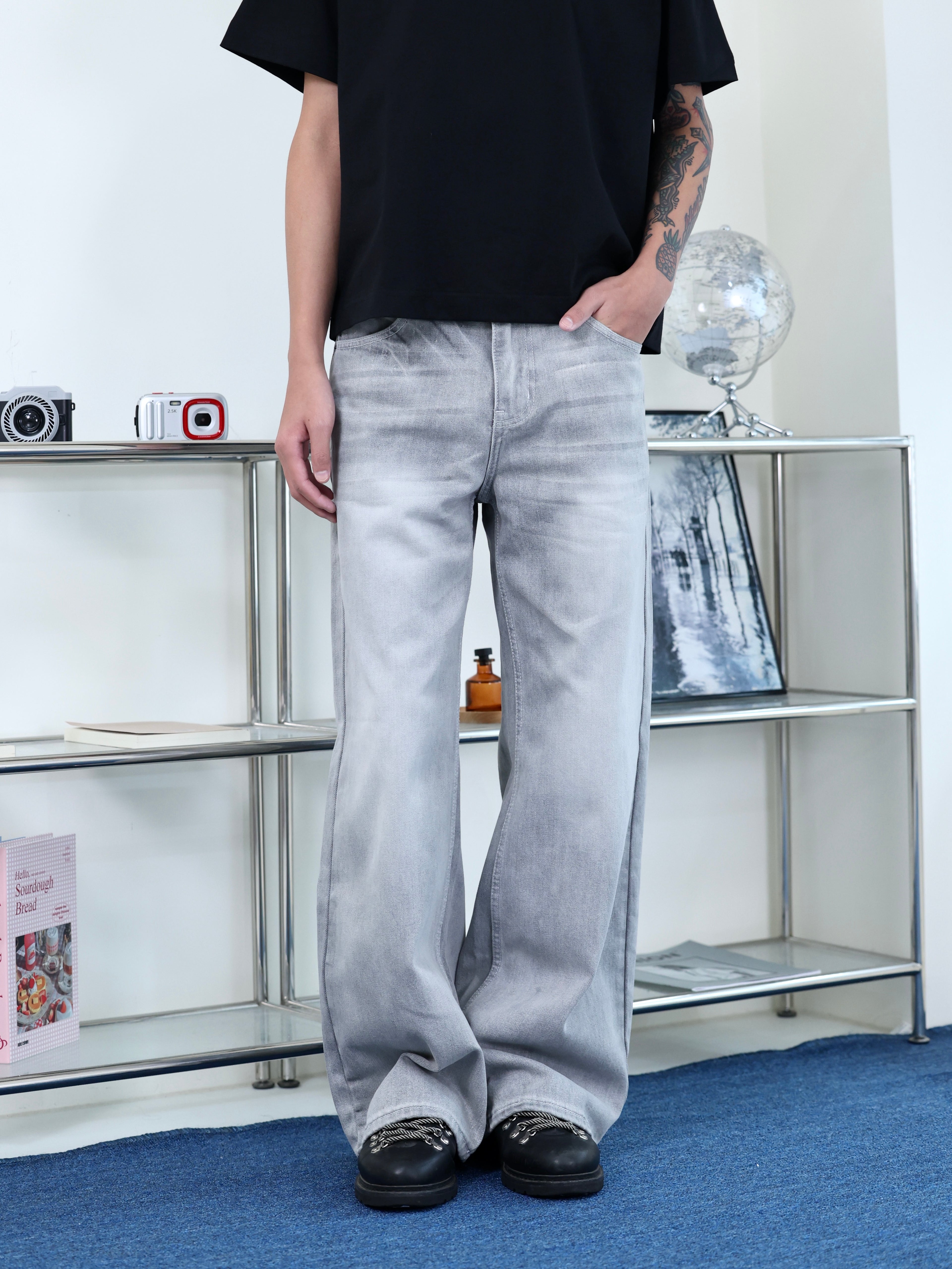 clean fit 簡約 百搭 直筒 水洗 煙灰色 牛仔長褲