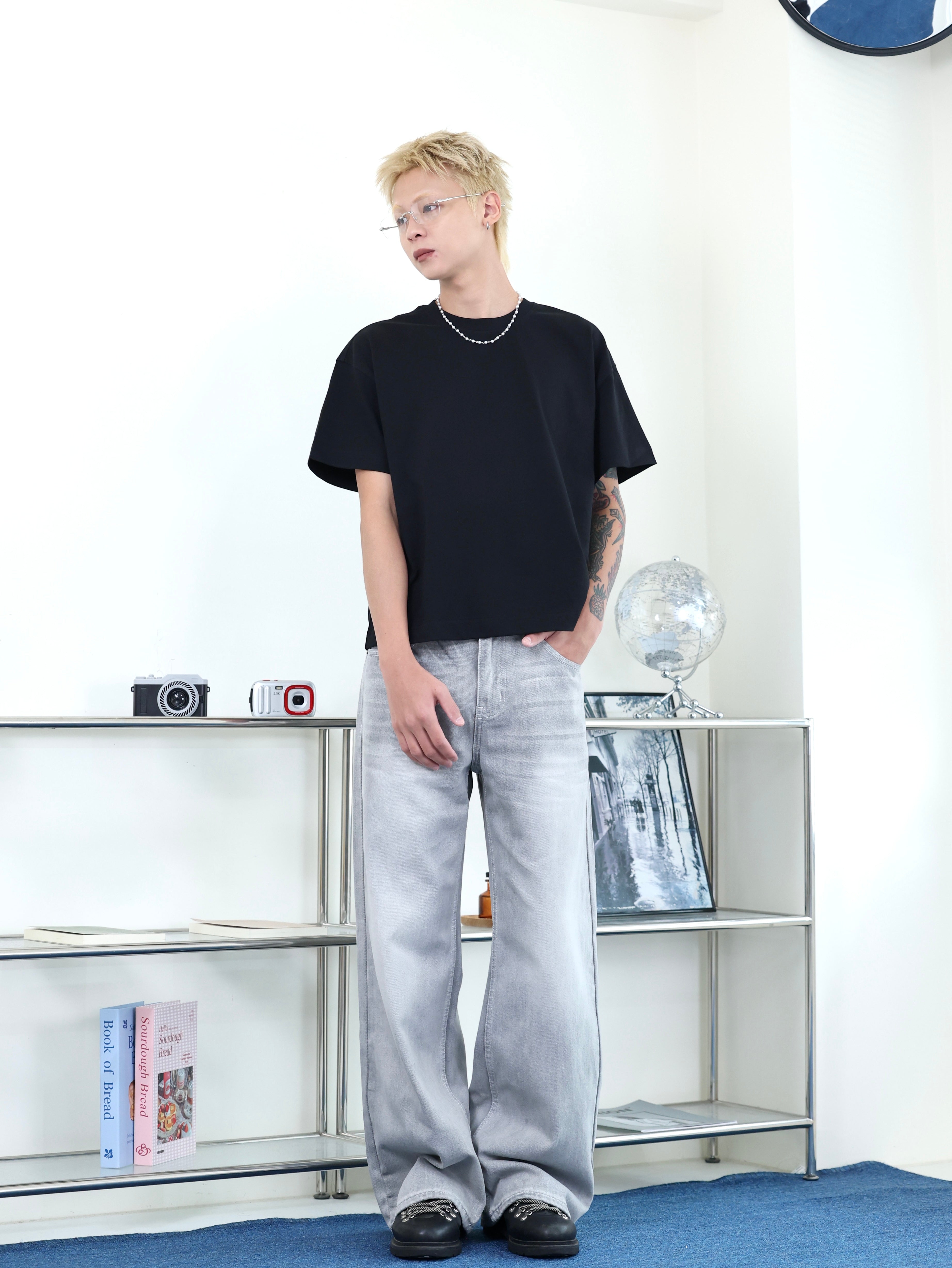 clean fit 簡約 百搭 直筒 水洗 煙灰色 牛仔長褲