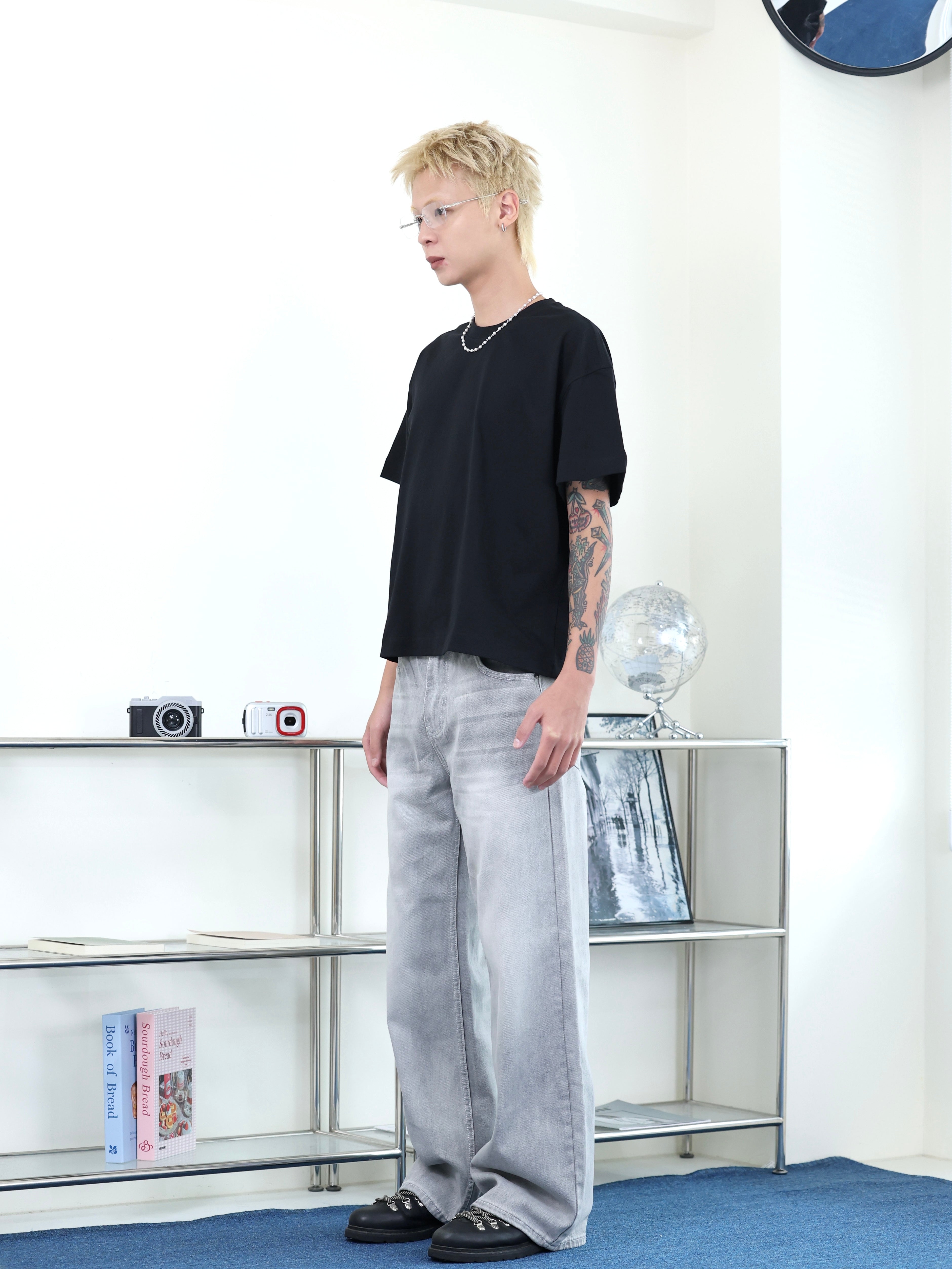 clean fit 簡約 百搭 直筒 水洗 煙灰色 牛仔長褲