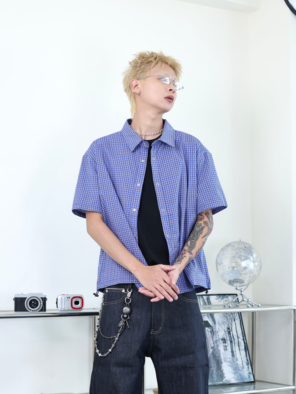 美式 復古 街頭 藍色 格紋 BOXY 短寬 抽繩 短版 短袖襯衫