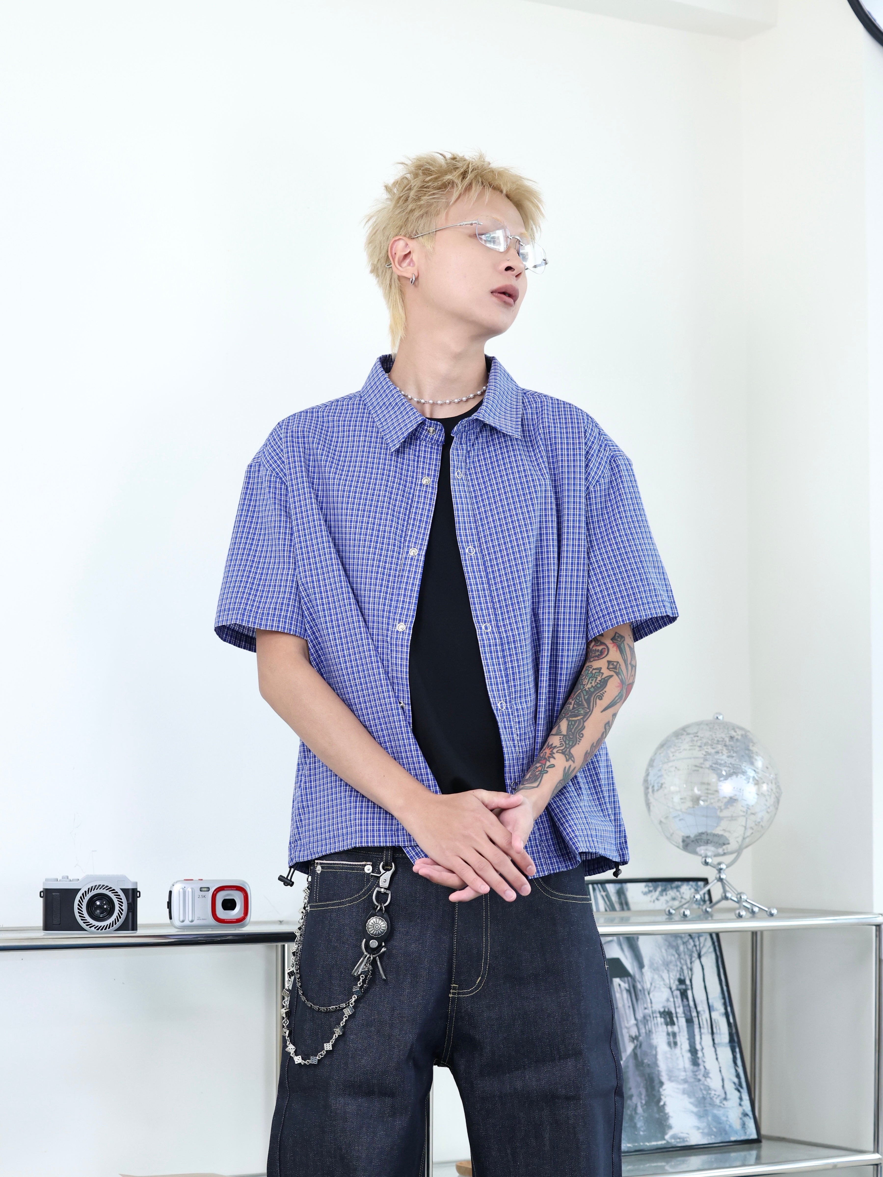 美式 復古 街頭 藍色 格紋 BOXY 短寬 抽繩 短版 短袖襯衫