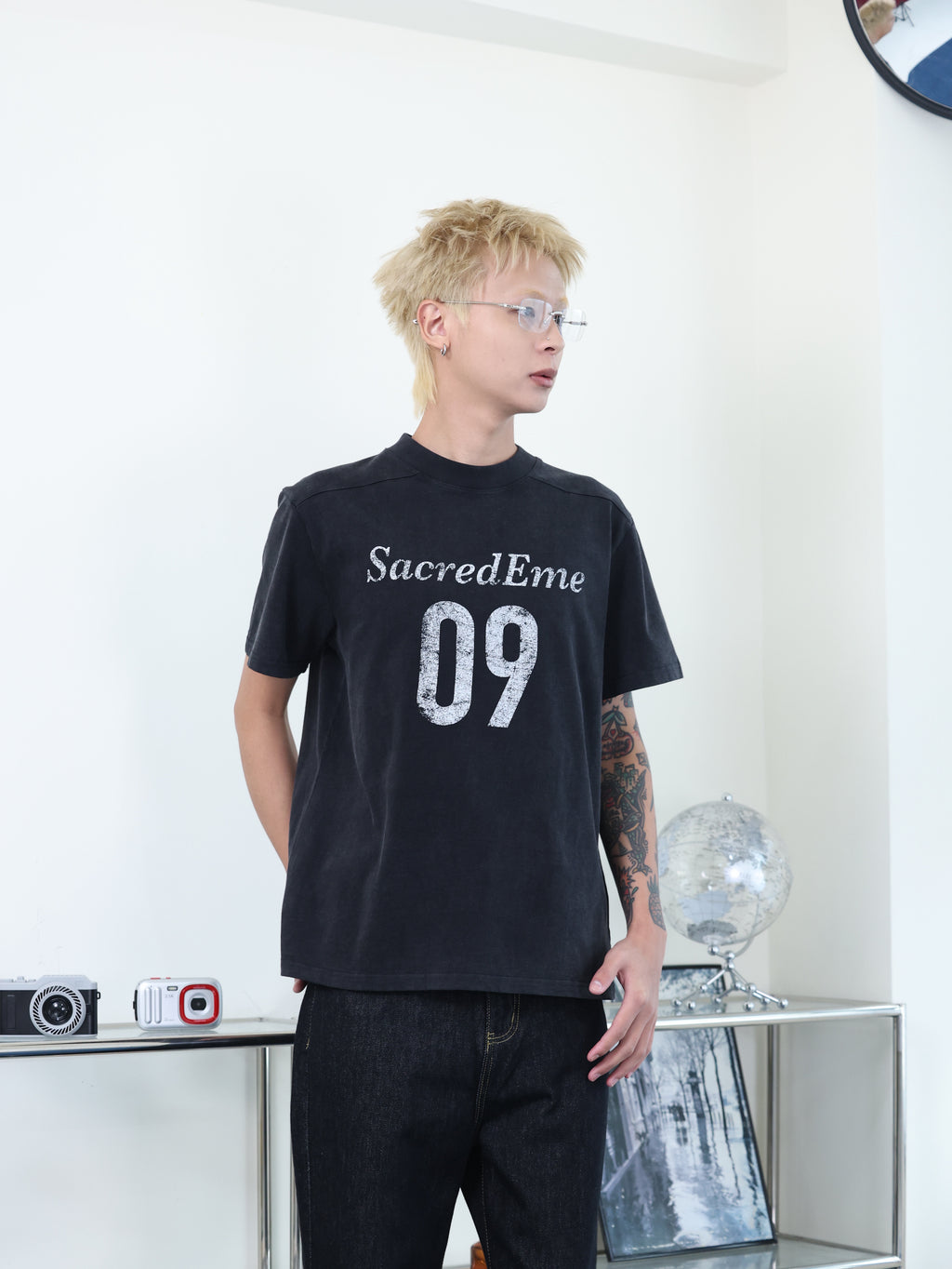 美式 復古 做舊 水洗 斑駁 數字印花 正肩 合身 短版 短袖 T-shirt