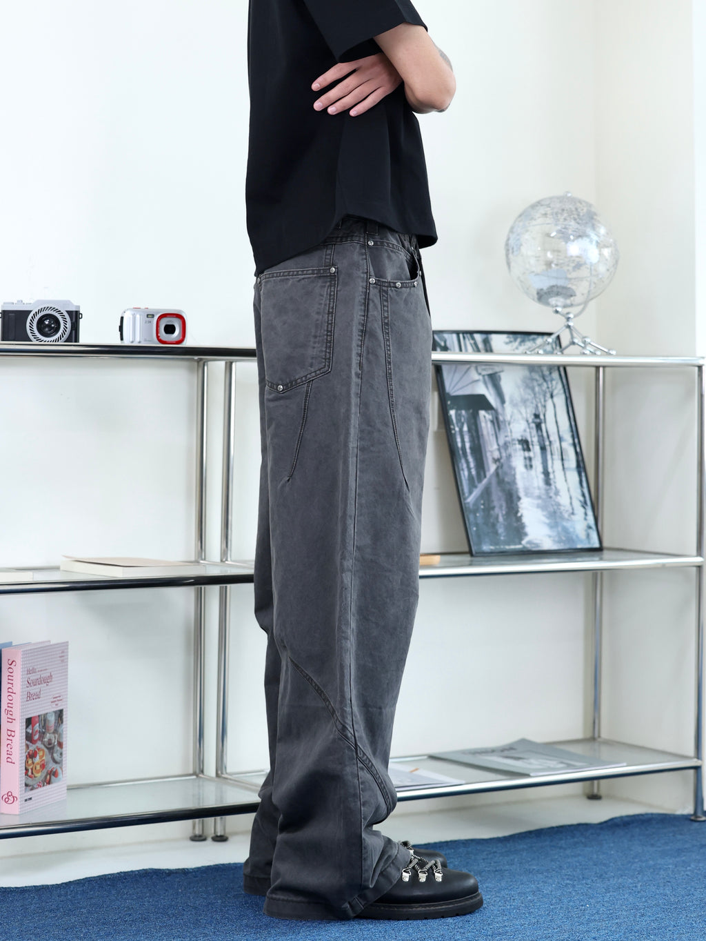 水泥灰 卯釘 寬鬆 廓型 baggy 重工硬挺 休閒 牛仔長褲