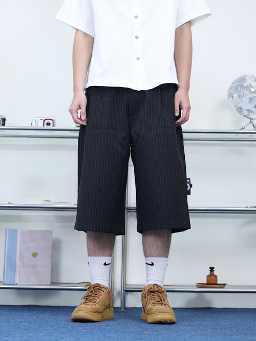 打褶 條紋 春夏 百搭 七分 西裝短褲