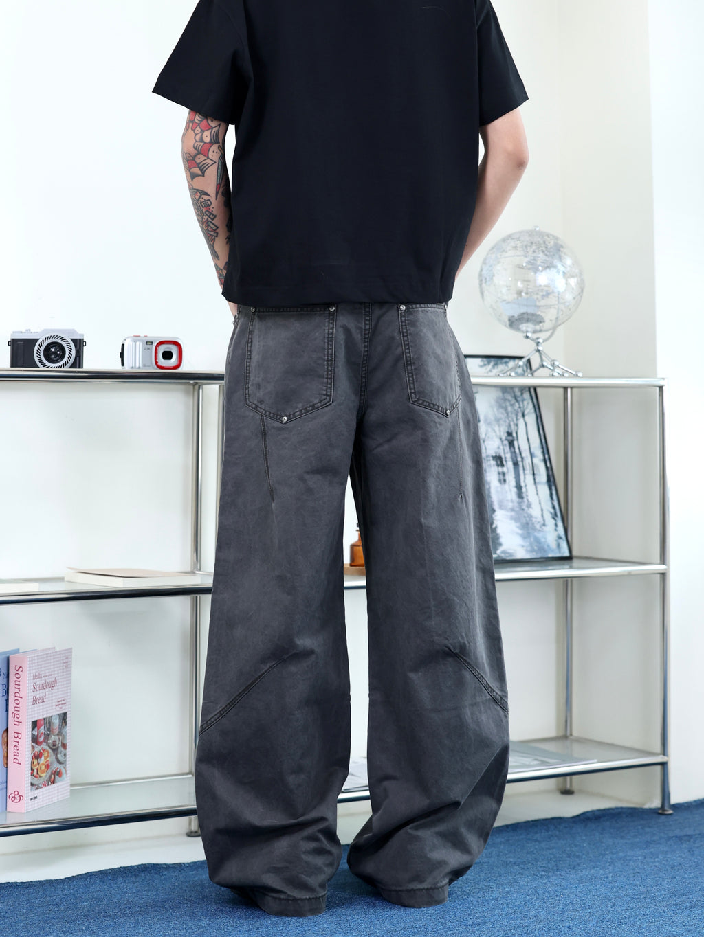 水泥灰 卯釘 寬鬆 廓型 baggy 重工硬挺 休閒 牛仔長褲