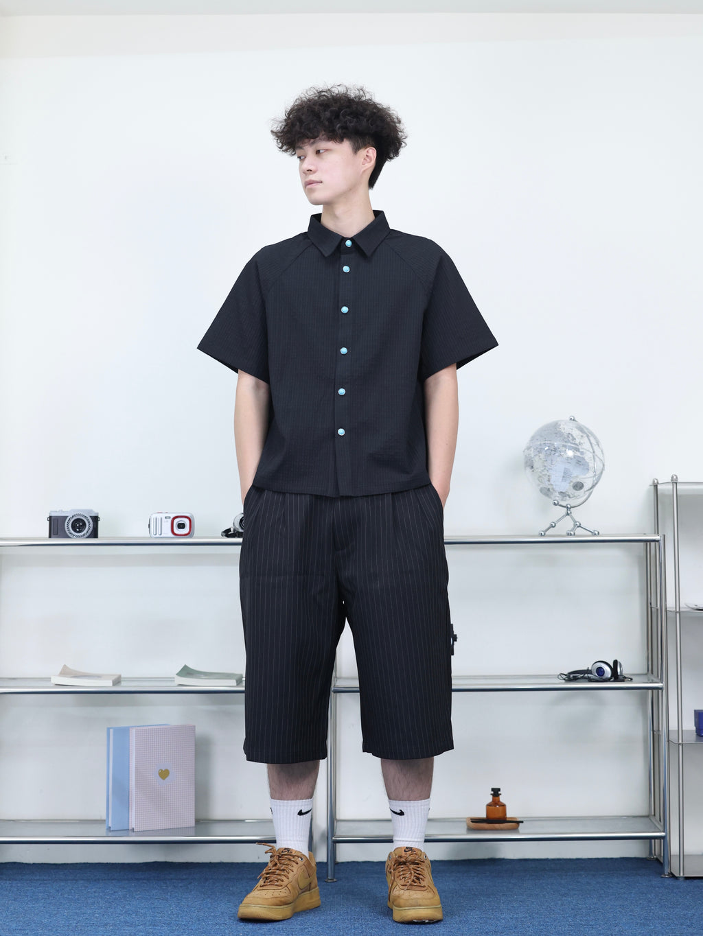 紋理面料 正肩 短版 綠松石 涼感 襯衫