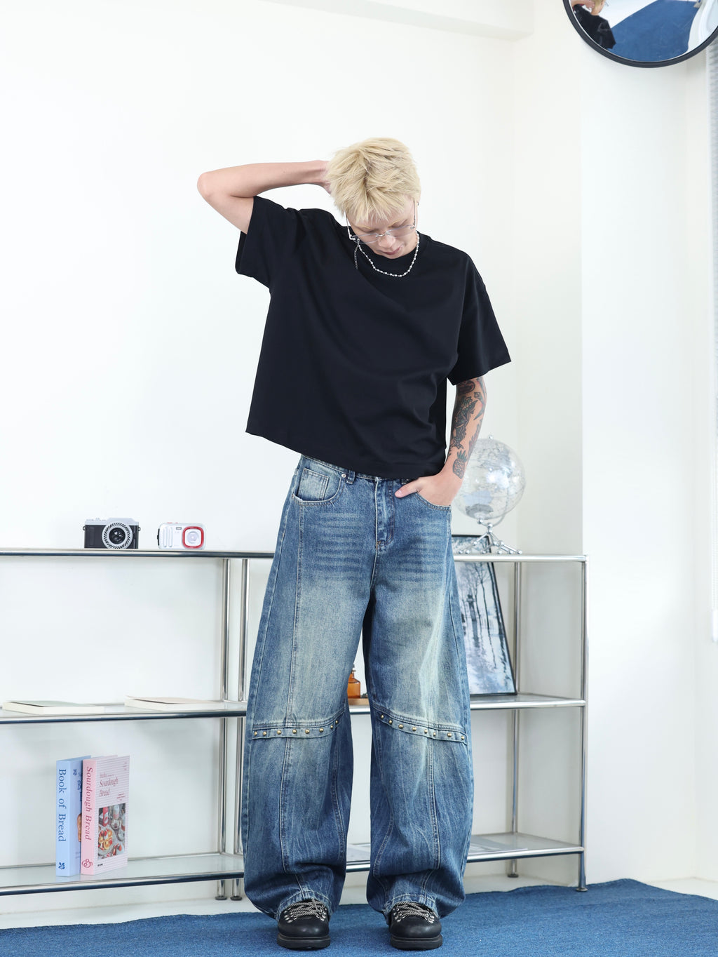 街頭 水洗 廓形 baggy 卯釘設計 寬鬆 牛仔褲