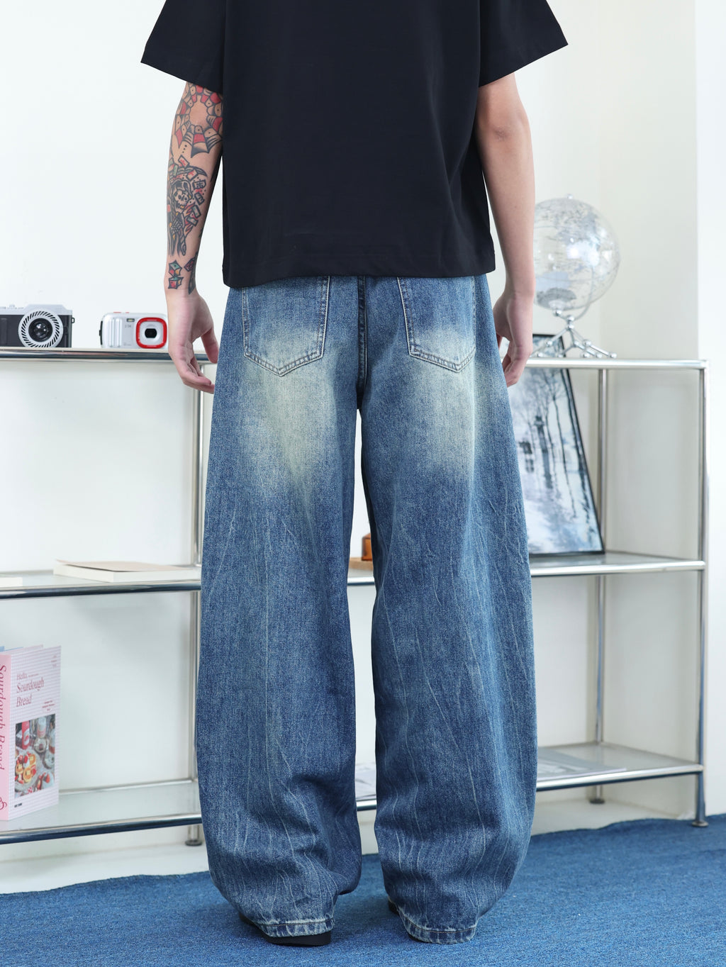 街頭 水洗 廓形 baggy 卯釘設計 寬鬆 牛仔褲