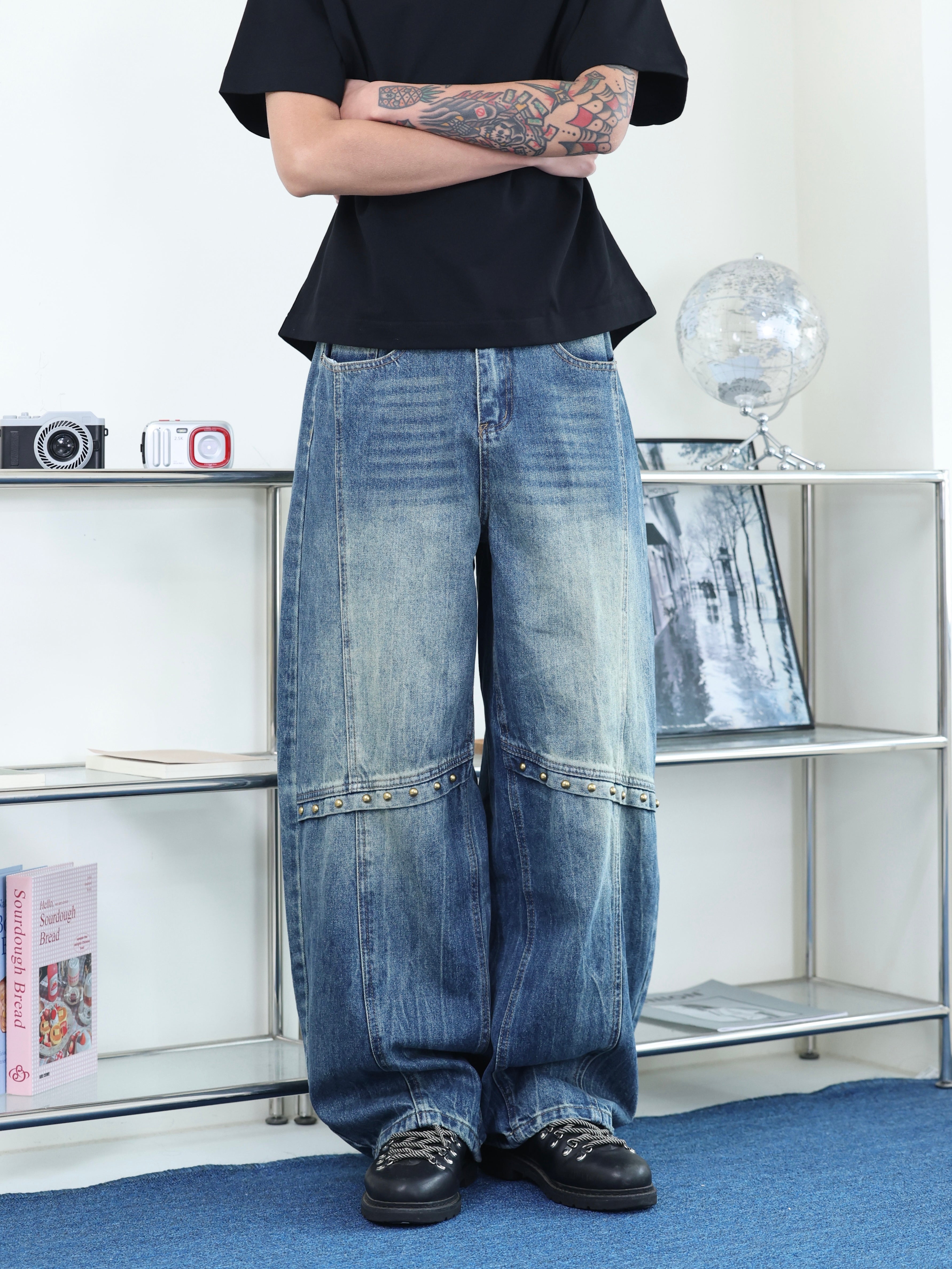 街頭 水洗 廓形 baggy 卯釘設計 寬鬆 牛仔褲