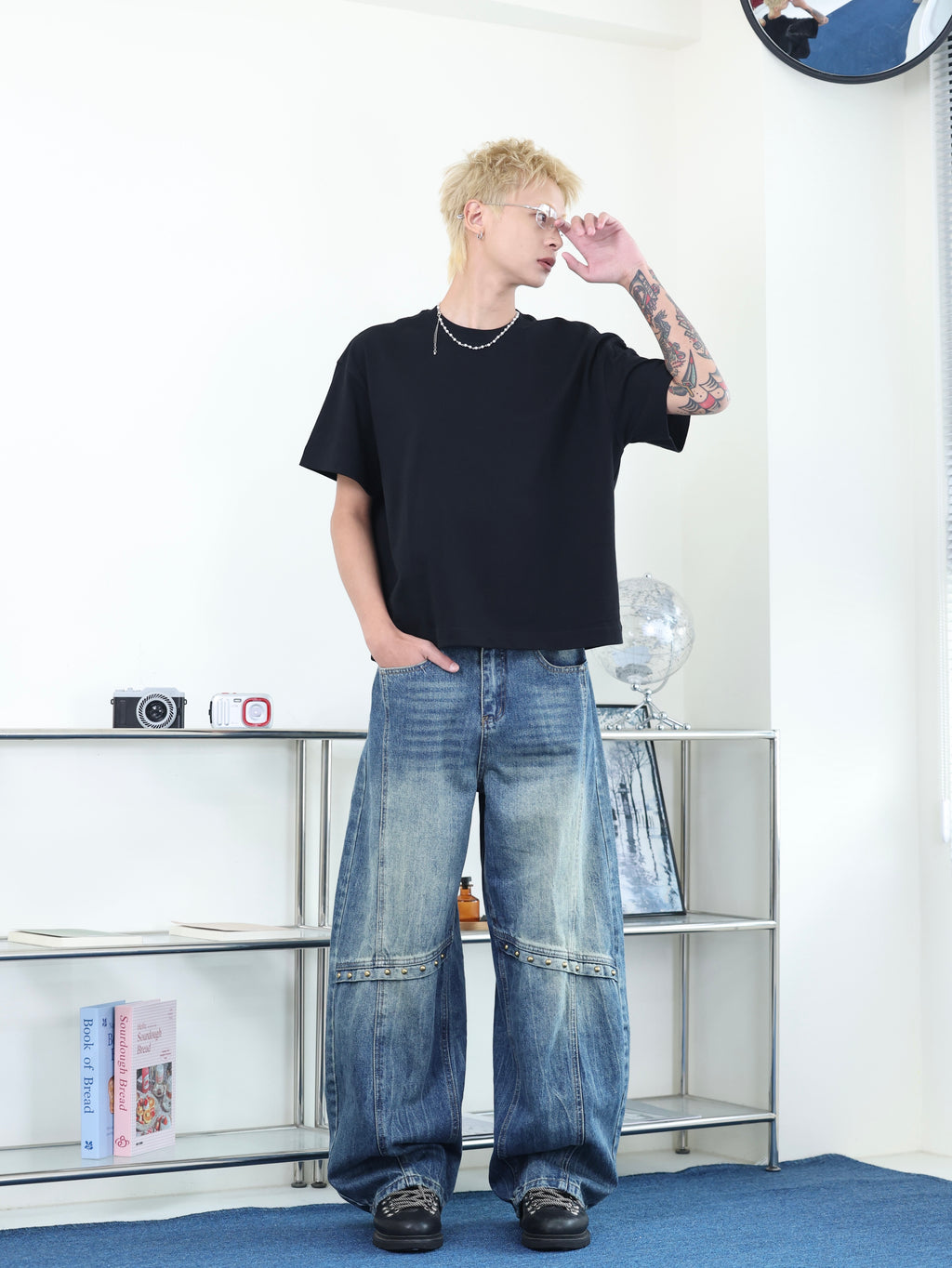 街頭 水洗 廓形 baggy 卯釘設計 寬鬆 牛仔褲