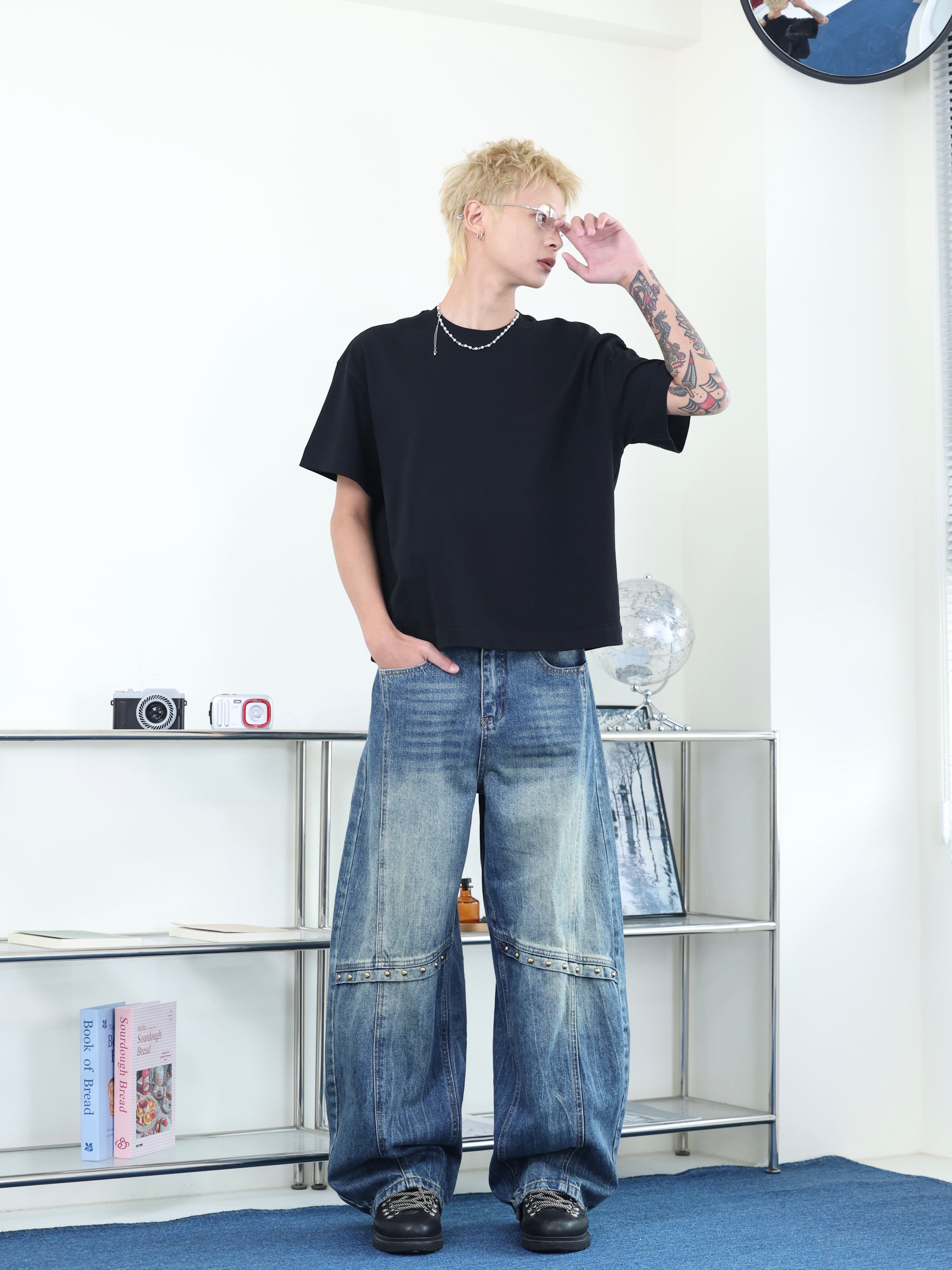 街頭 水洗 廓形 baggy 卯釘設計 寬鬆 牛仔褲