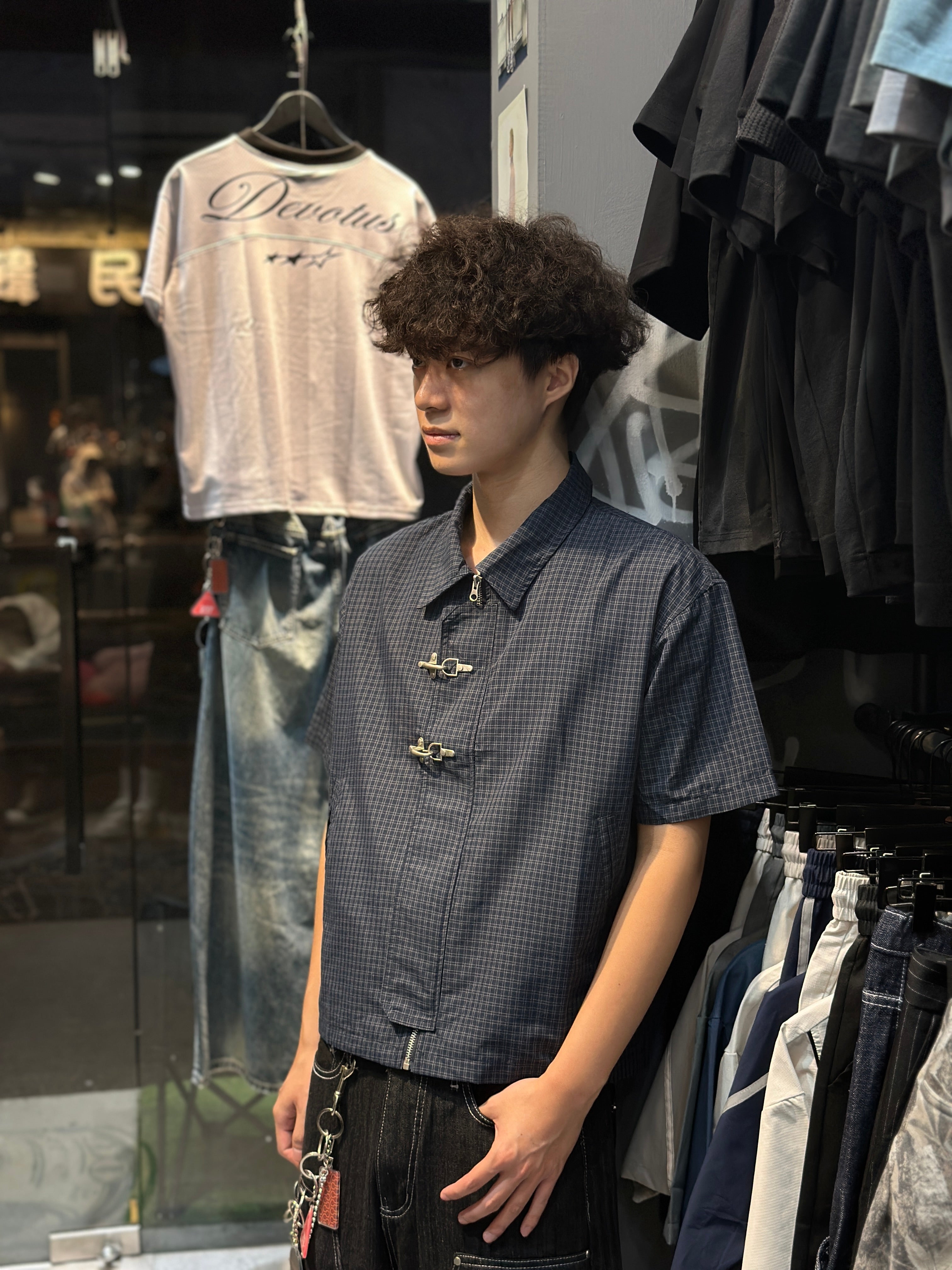 正韓🇰🇷BOXY 短寬 消防扣 拉鍊 小格紋 短版短袖襯衫