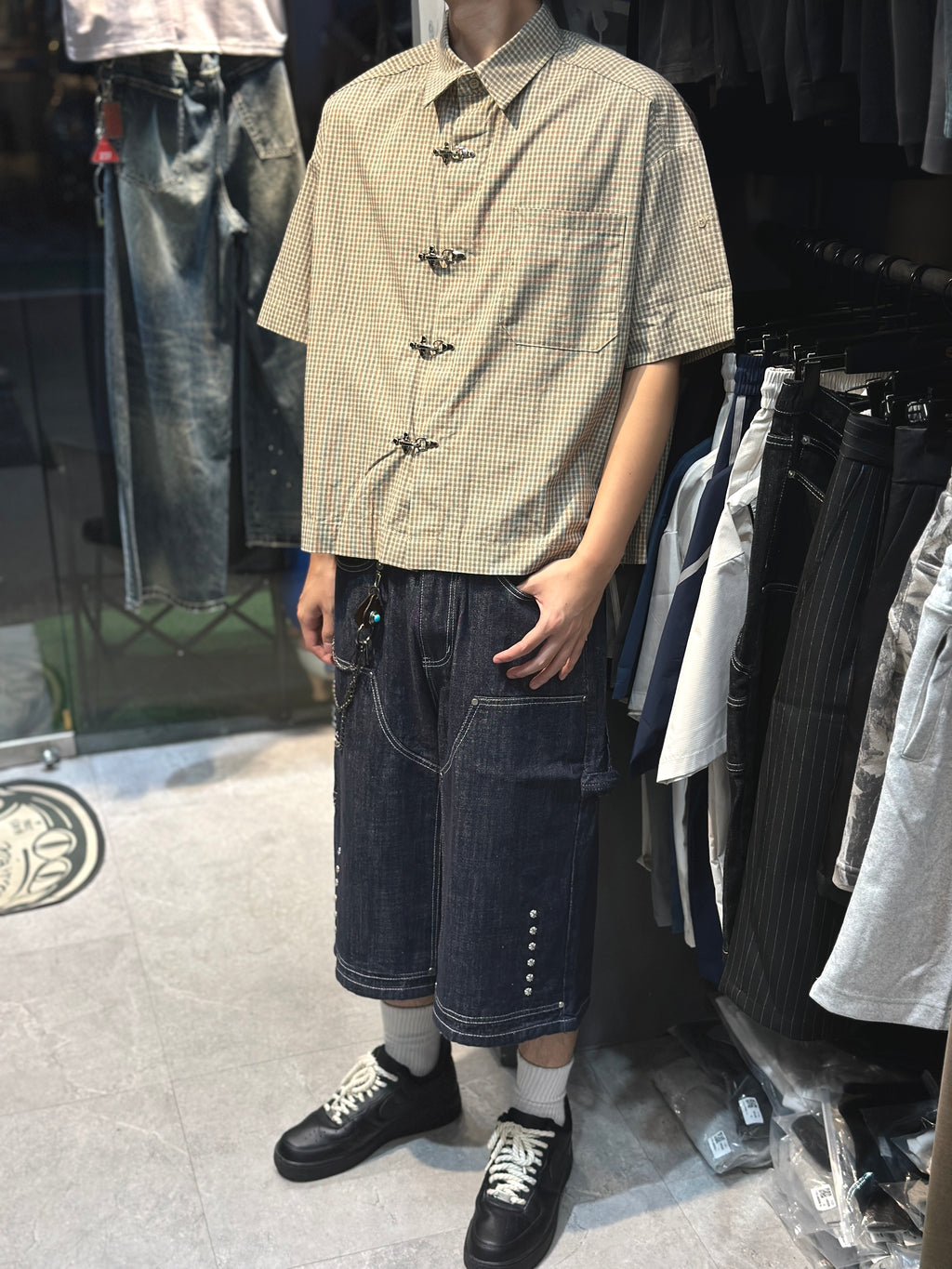 正韓🇰🇷BOXY 短寬 消防扣 小格紋 短版短袖襯衫