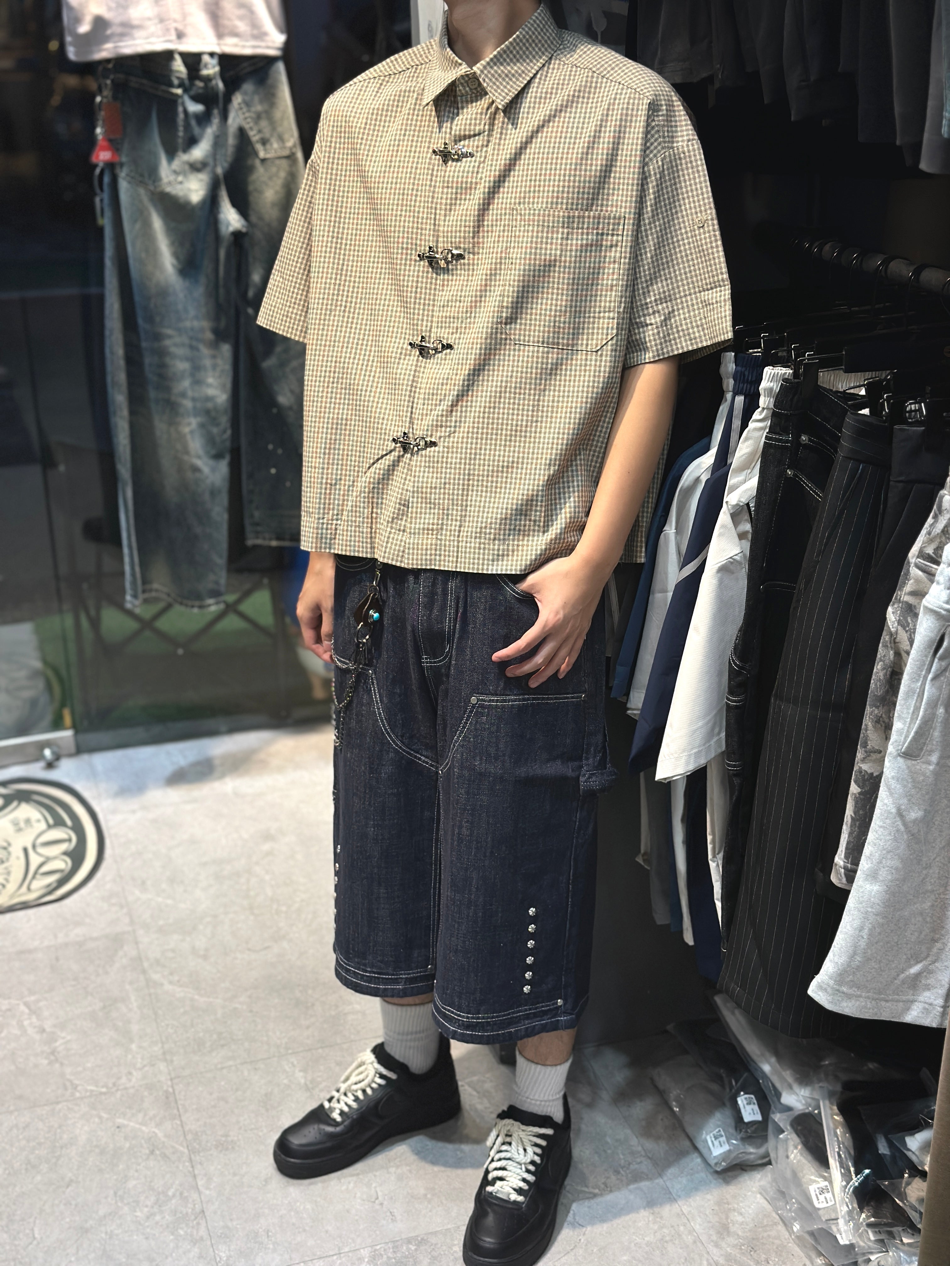 正韓🇰🇷BOXY 短寬 消防扣 小格紋 短版短袖襯衫