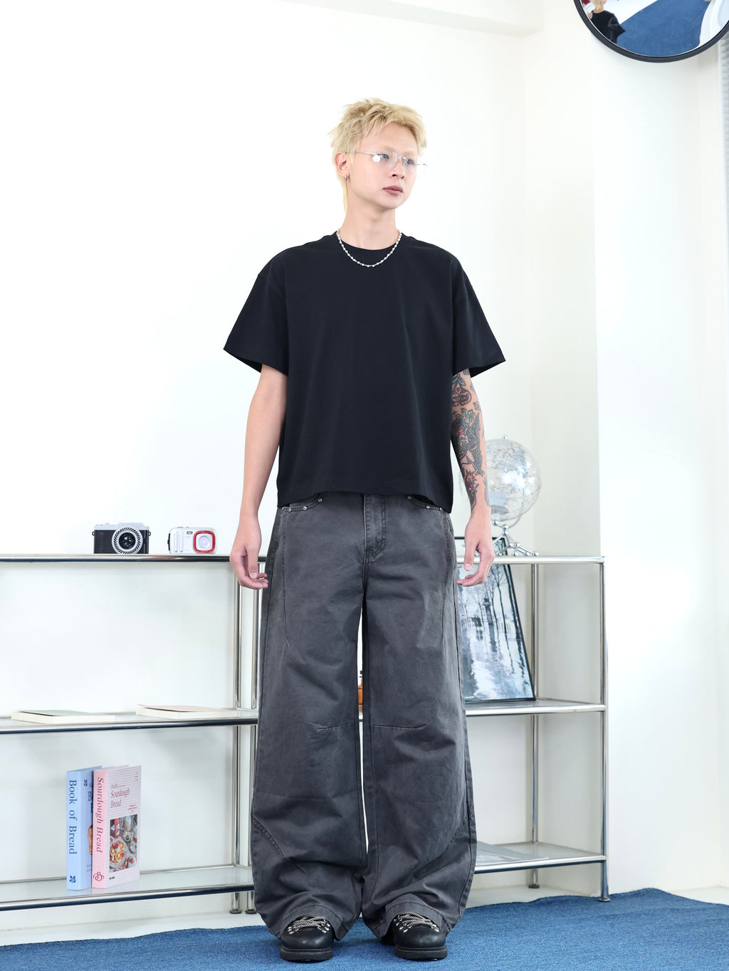 水泥灰 卯釘 寬鬆 廓型 baggy 重工硬挺 休閒 牛仔長褲