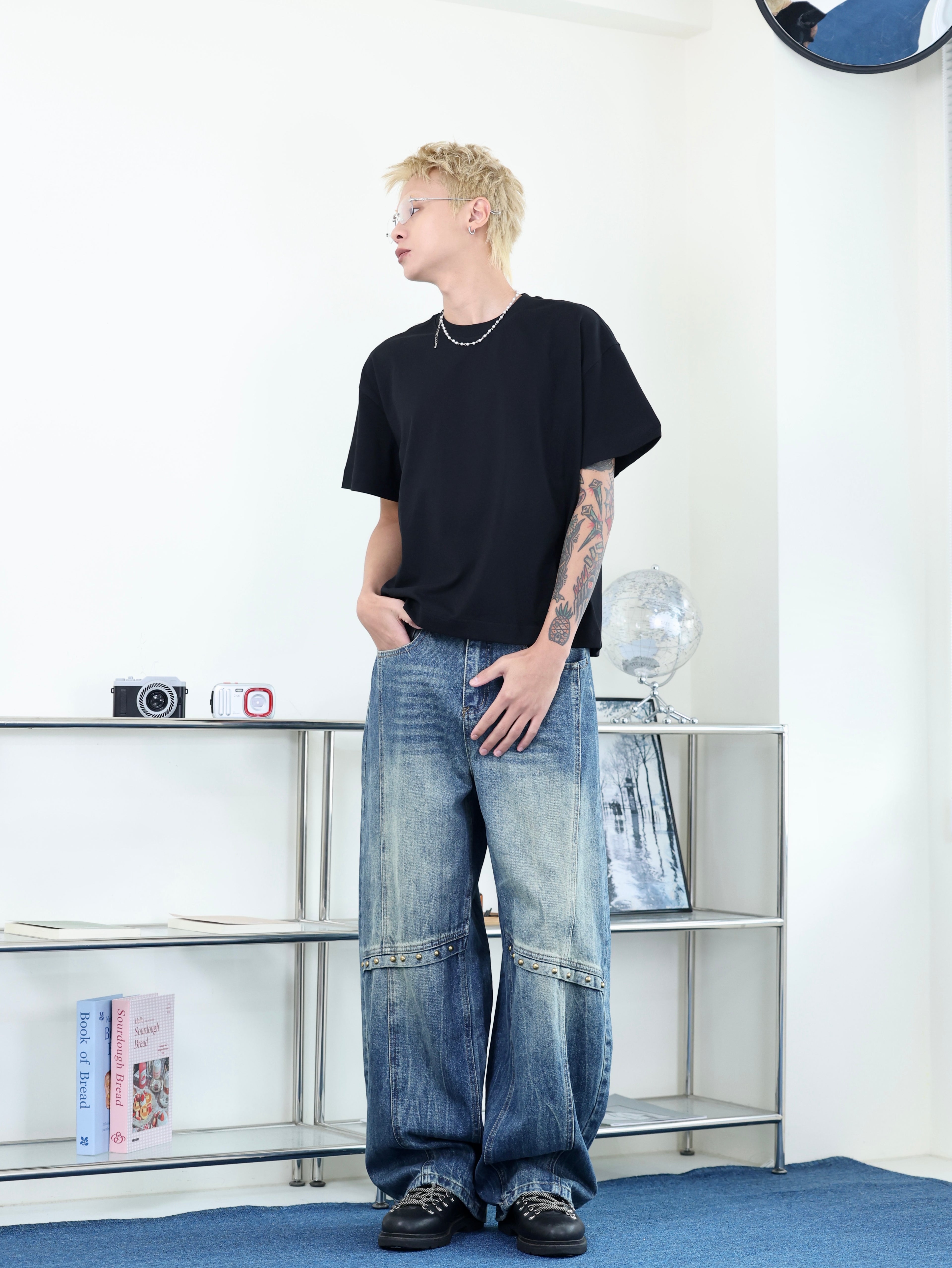 街頭 水洗 廓形 baggy 卯釘設計 寬鬆 牛仔褲