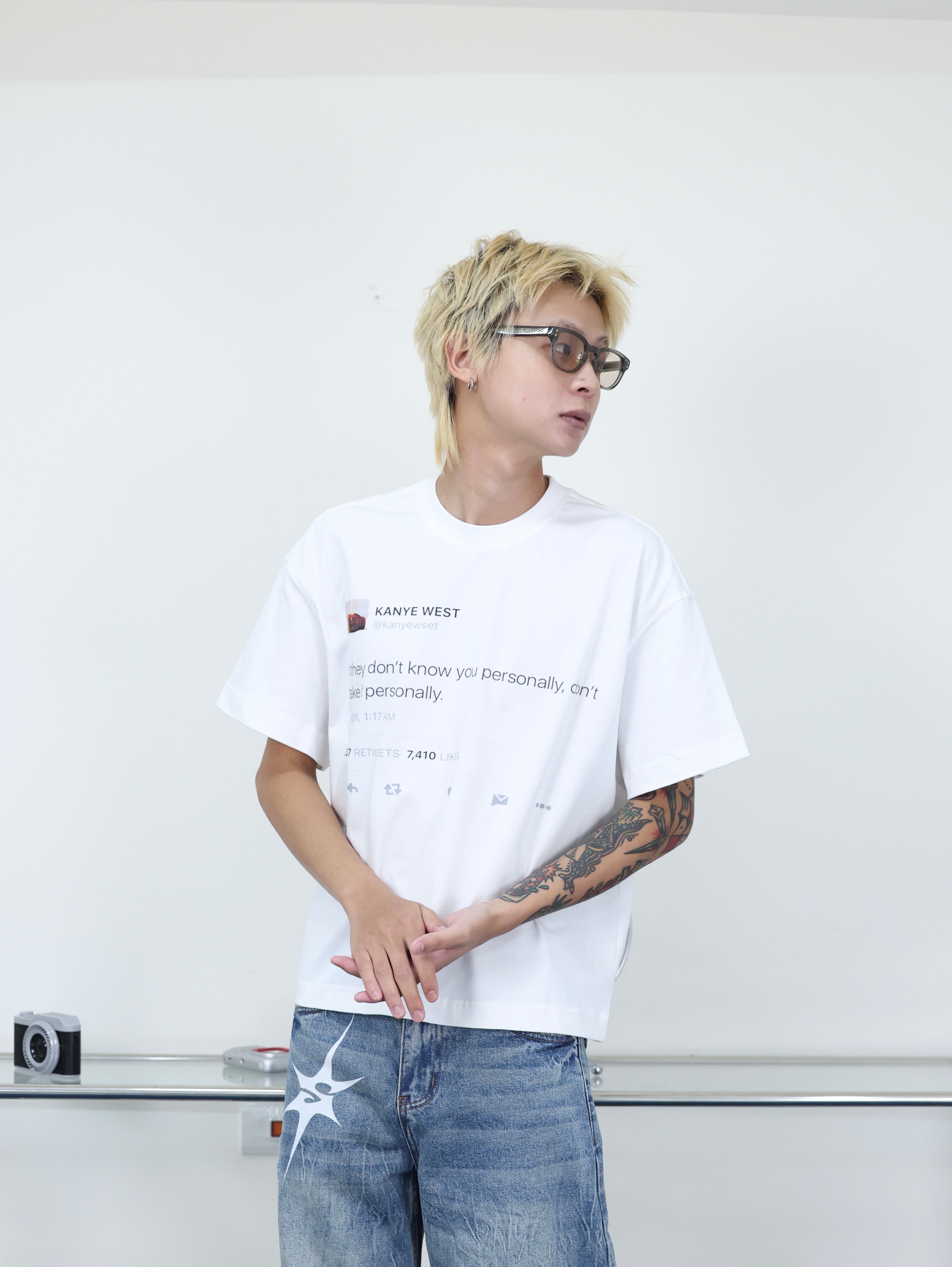 Y-ZONE 自訂款 肯耶推特印花 BOXY 短寬 短版短袖
