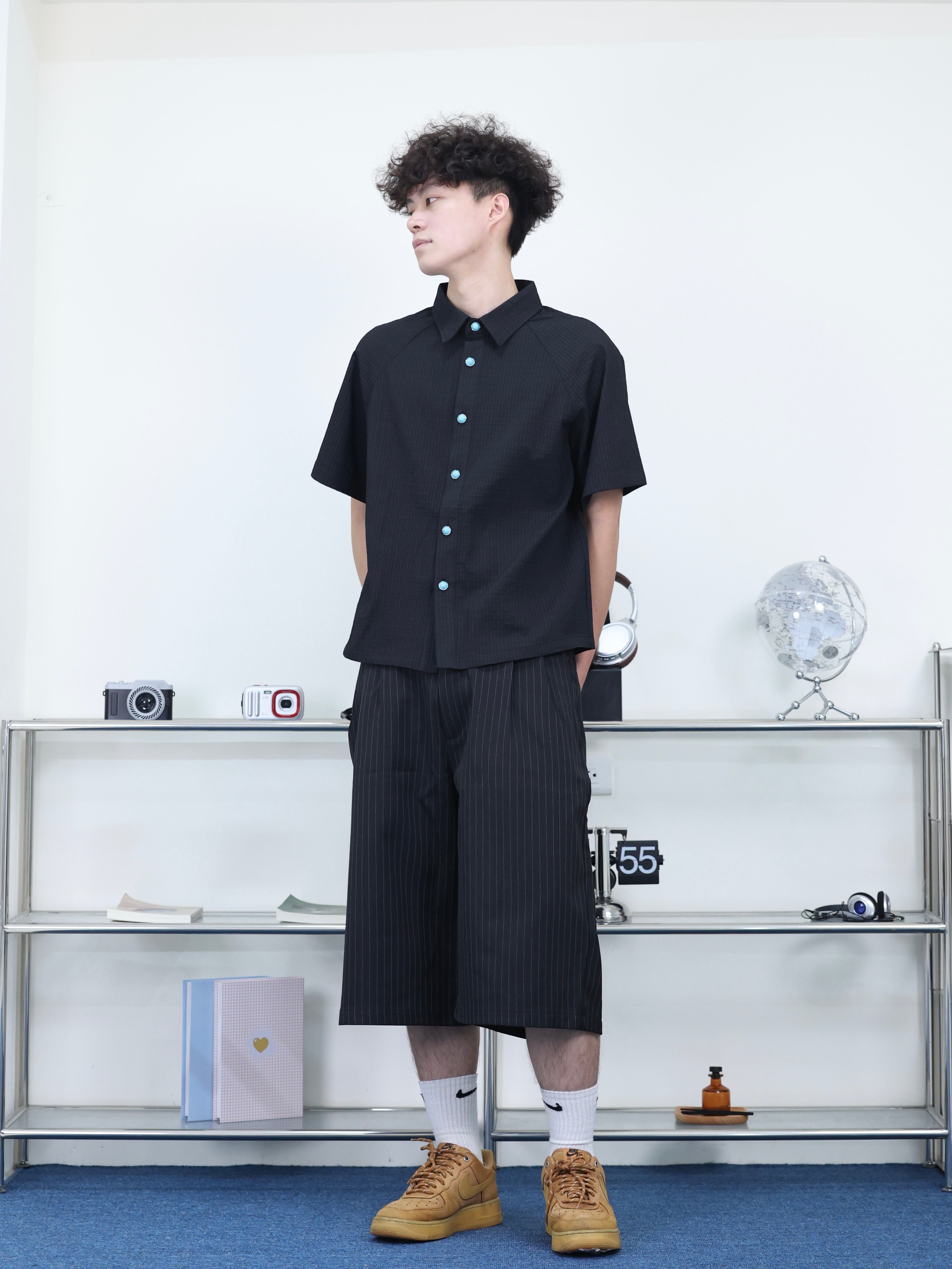 紋理面料 正肩 短版 綠松石 涼感 襯衫