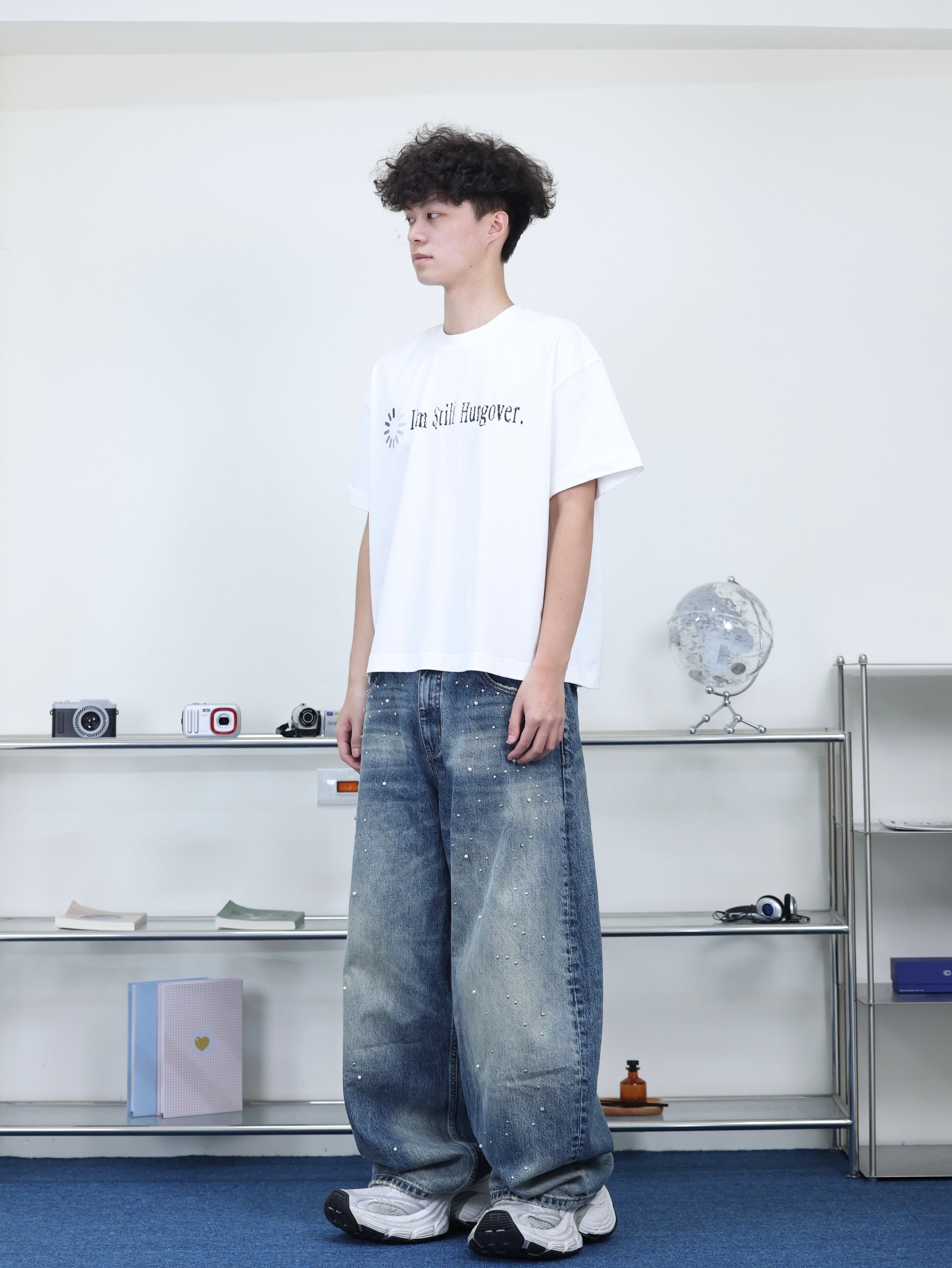 美式 珍珠 卯釘 帶鑽 手工 高質感 水洗 微彎牛仔褲