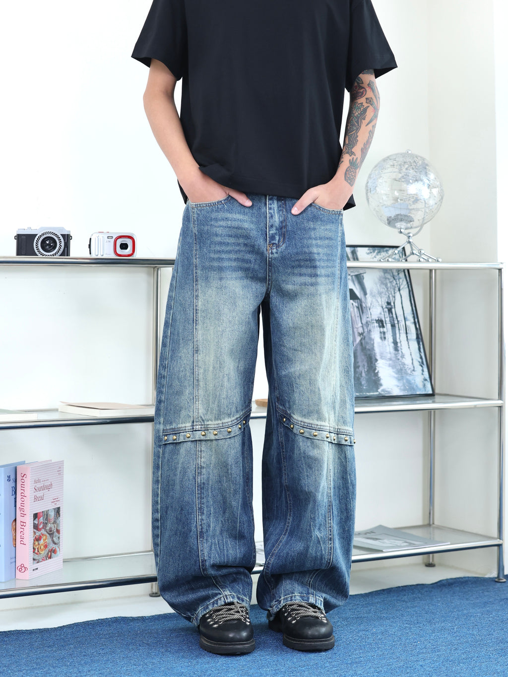 街頭 水洗 廓形 baggy 卯釘設計 寬鬆 牛仔褲