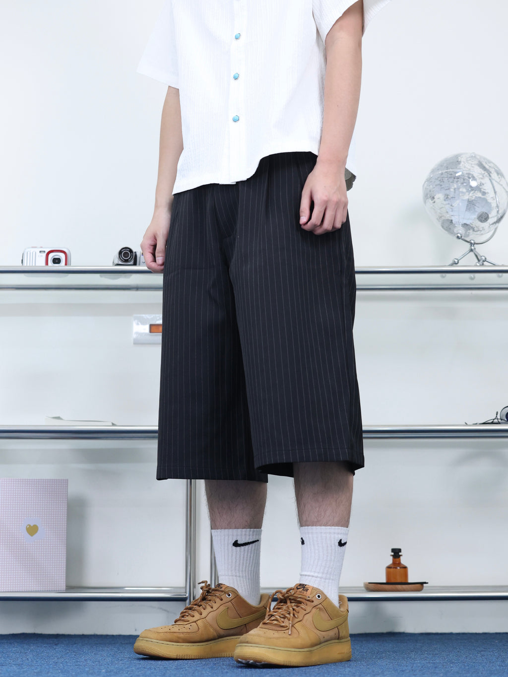 打褶 條紋 春夏 百搭 七分 西裝短褲
