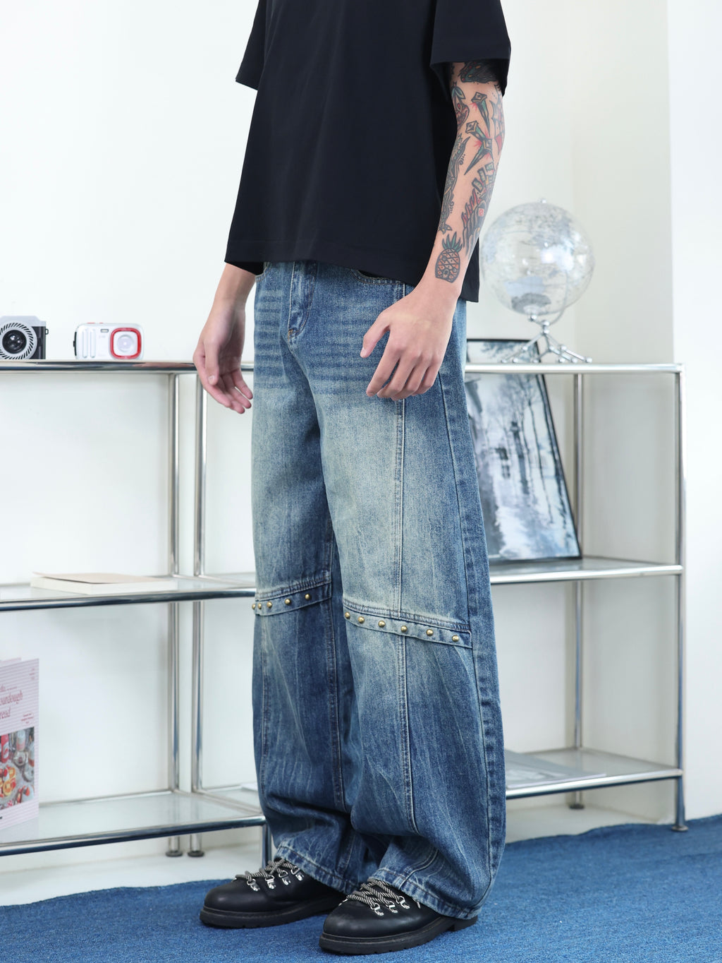 街頭 水洗 廓形 baggy 卯釘設計 寬鬆 牛仔褲