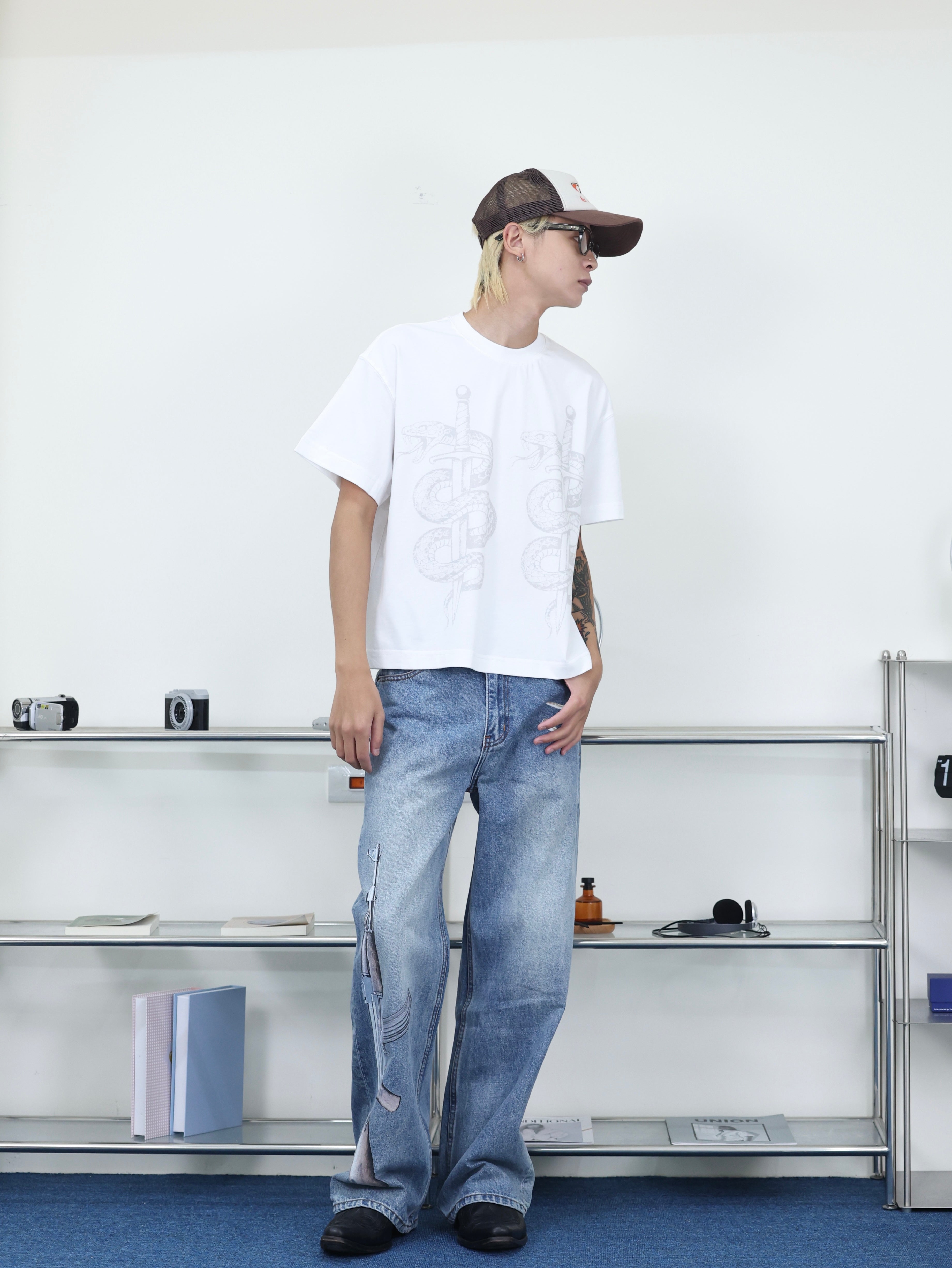 Y-ZONE 自訂款 復古 蛇纏劍 印花 BOXY 短寬 短袖