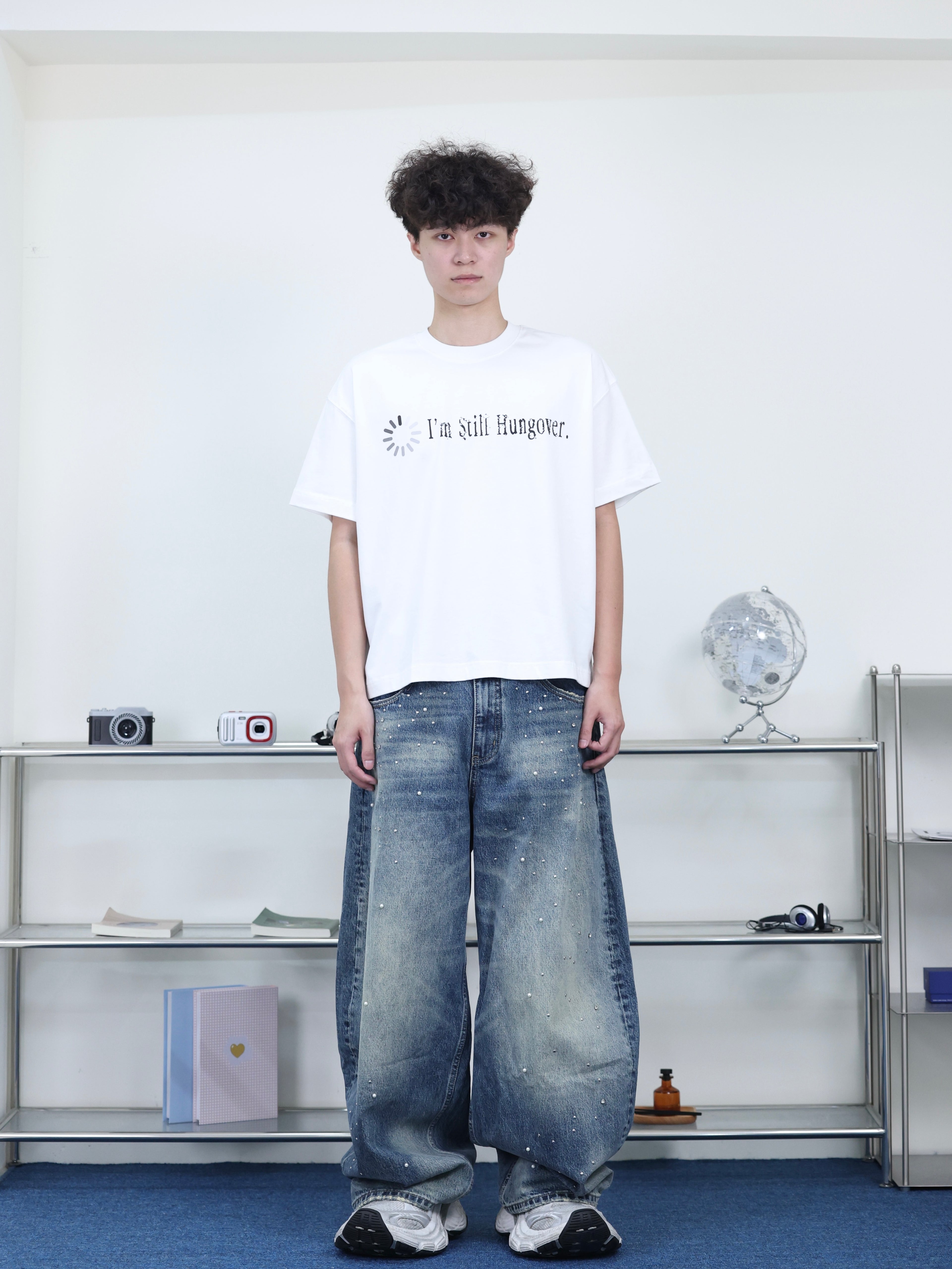 美式 珍珠 卯釘 帶鑽 手工 高質感 水洗 微彎牛仔褲