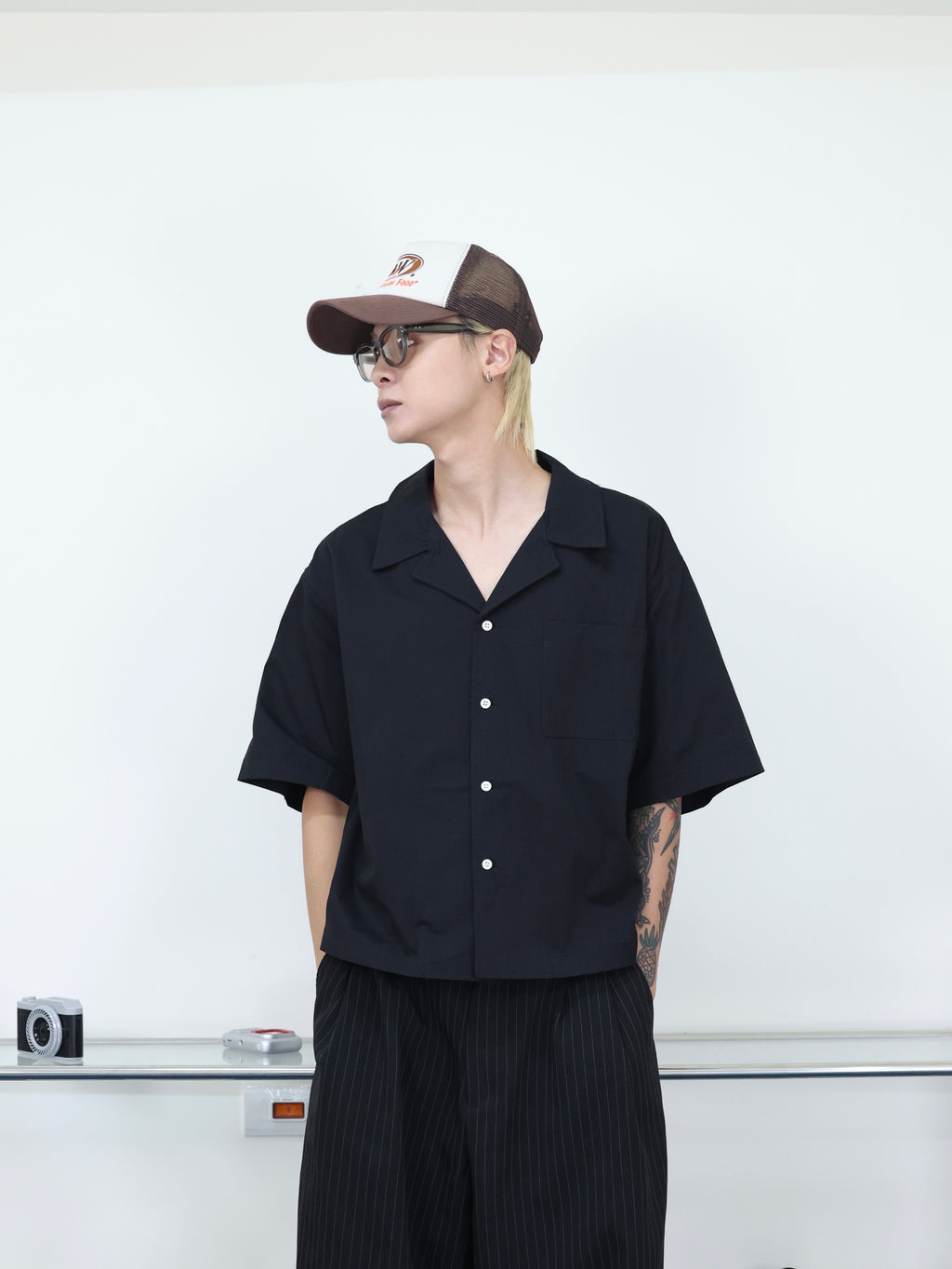 古巴領 寬鬆 落肩 七分袖 素色 高級感 短版襯衫