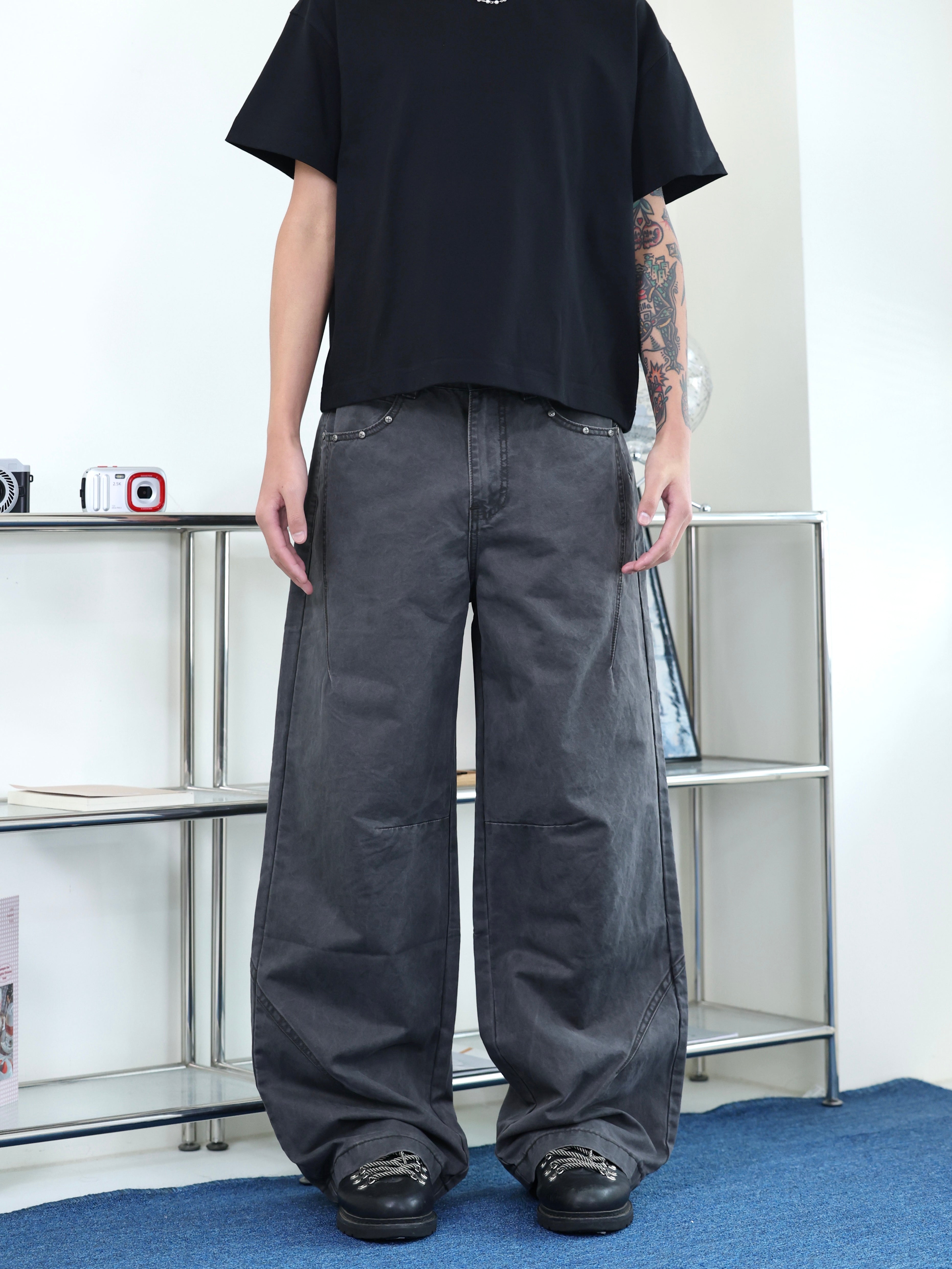 水泥灰 卯釘 寬鬆 廓型 baggy 重工硬挺 休閒 牛仔長褲