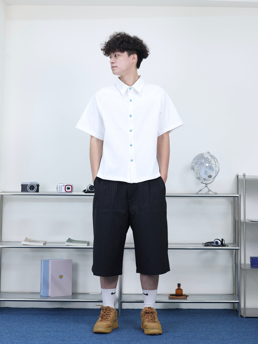打褶 條紋 春夏 百搭 七分 西裝短褲