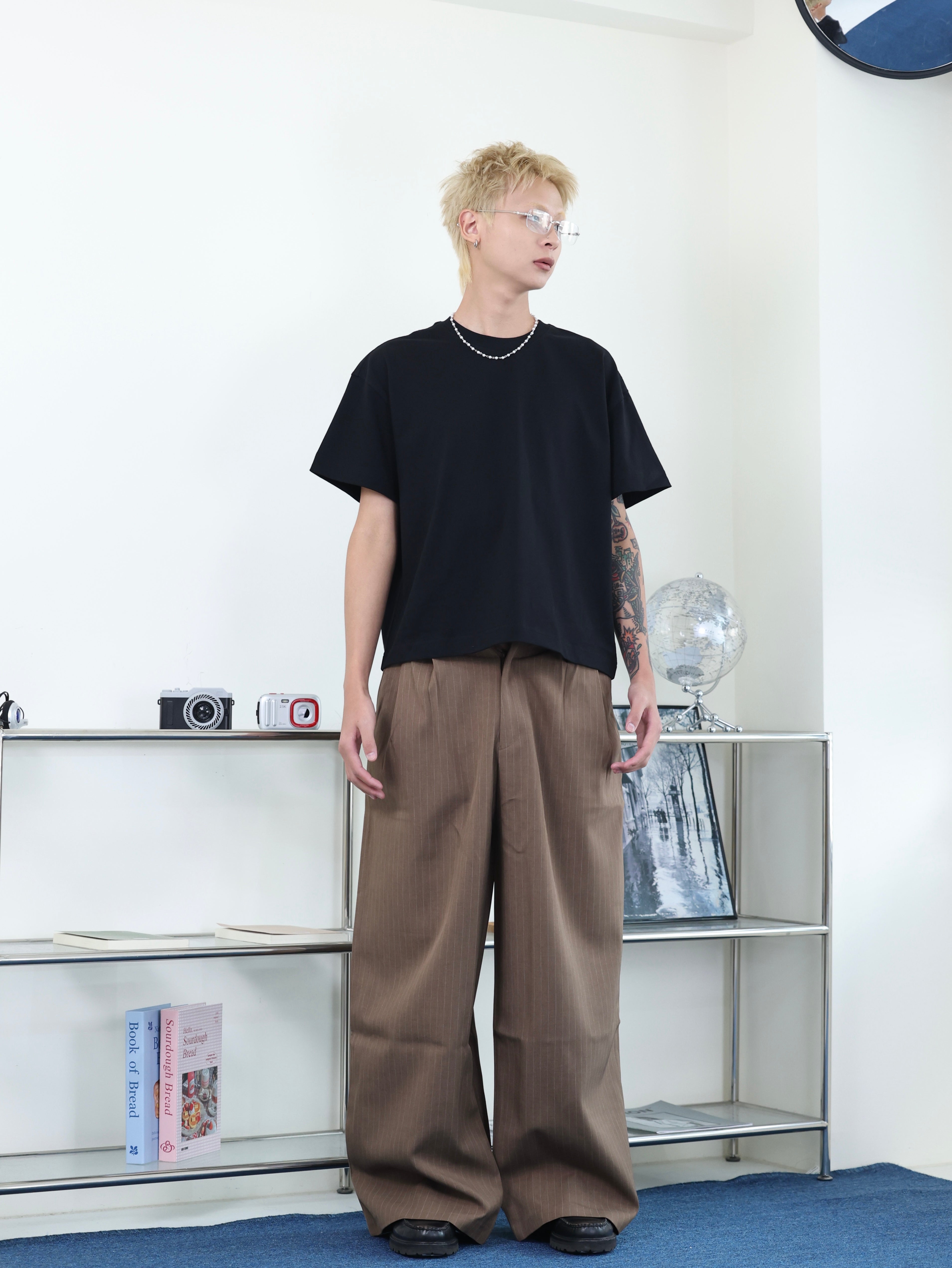 復古 簡約 落地 寬鬆 打摺 條紋西裝褲