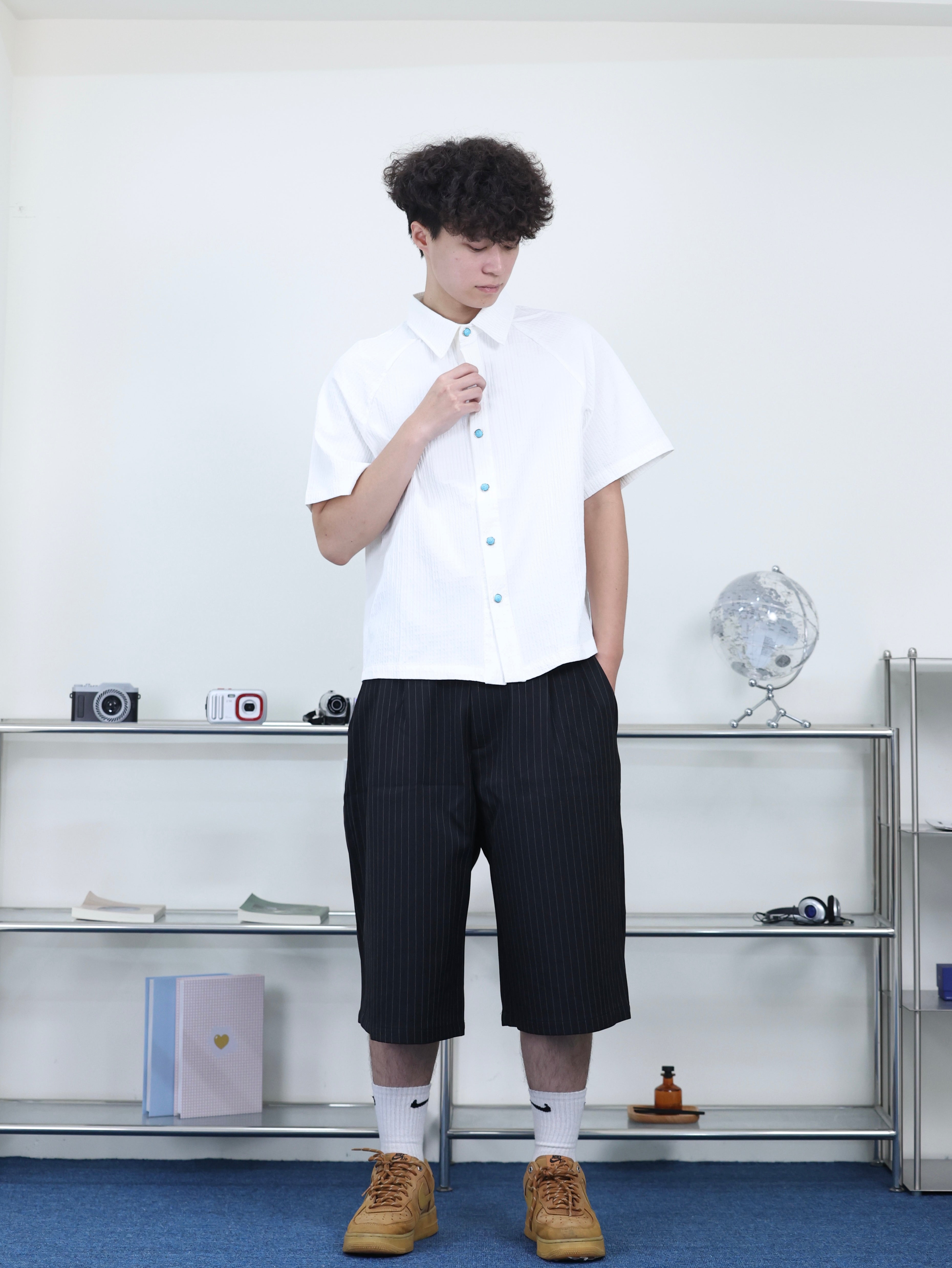 打褶 條紋 春夏 百搭 七分 西裝短褲
