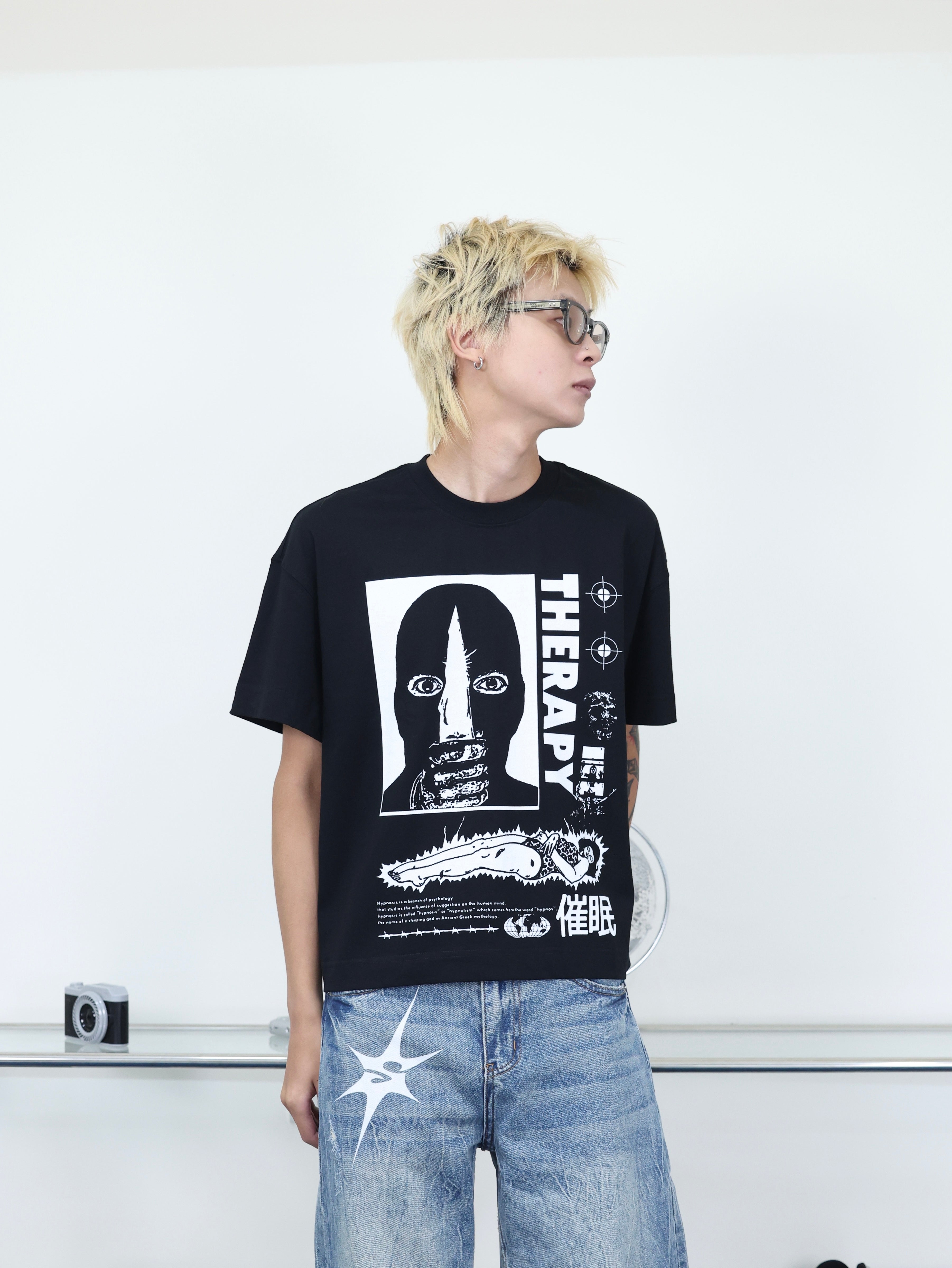 Y-ZONE 自訂款 催眠 黑白插畫 印花 BOXY 短寬 短袖