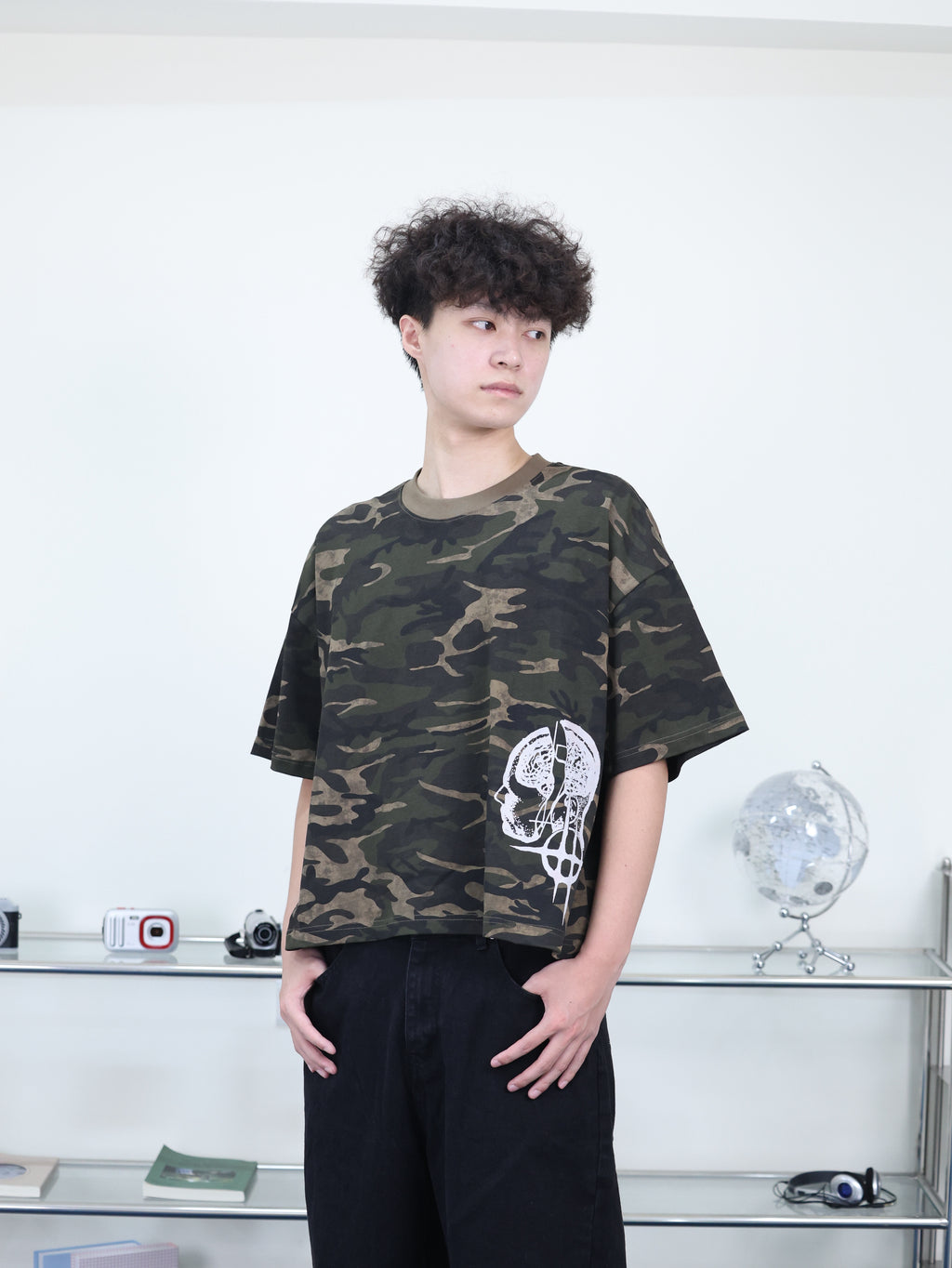 Y-ZONE 自訂款BOXY 短寬 迷彩 骷髏 印花 短版 短袖