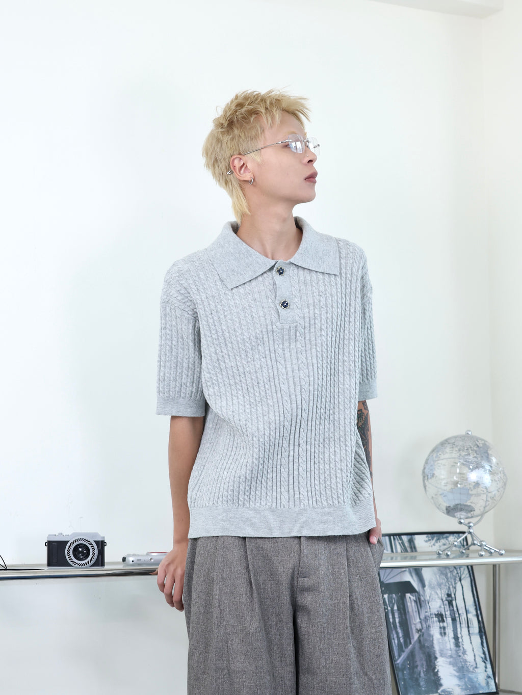 老錢風 翻領 麻花 花朵鈕扣 polo針織短袖