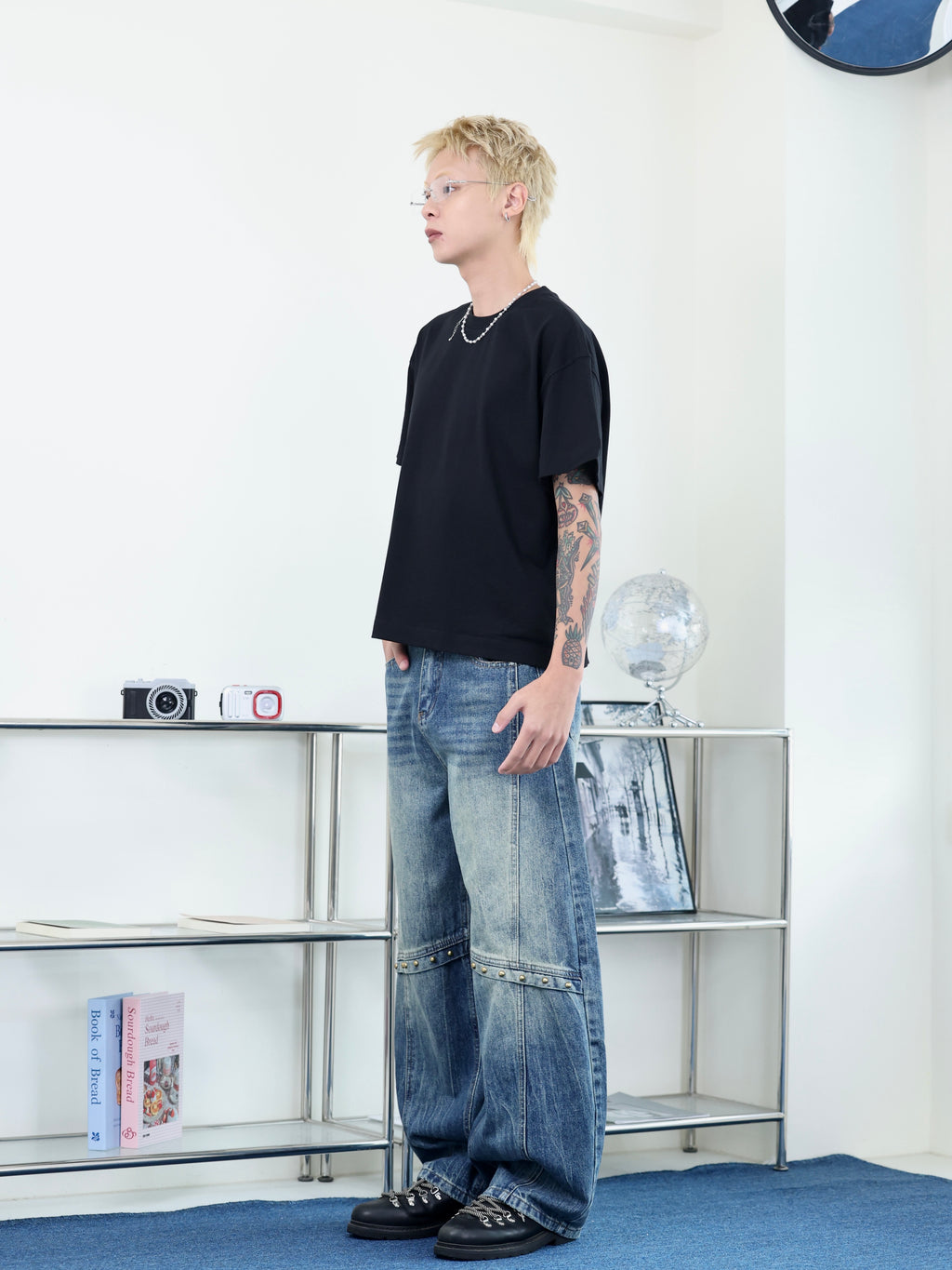 街頭 水洗 廓形 baggy 卯釘設計 寬鬆 牛仔褲