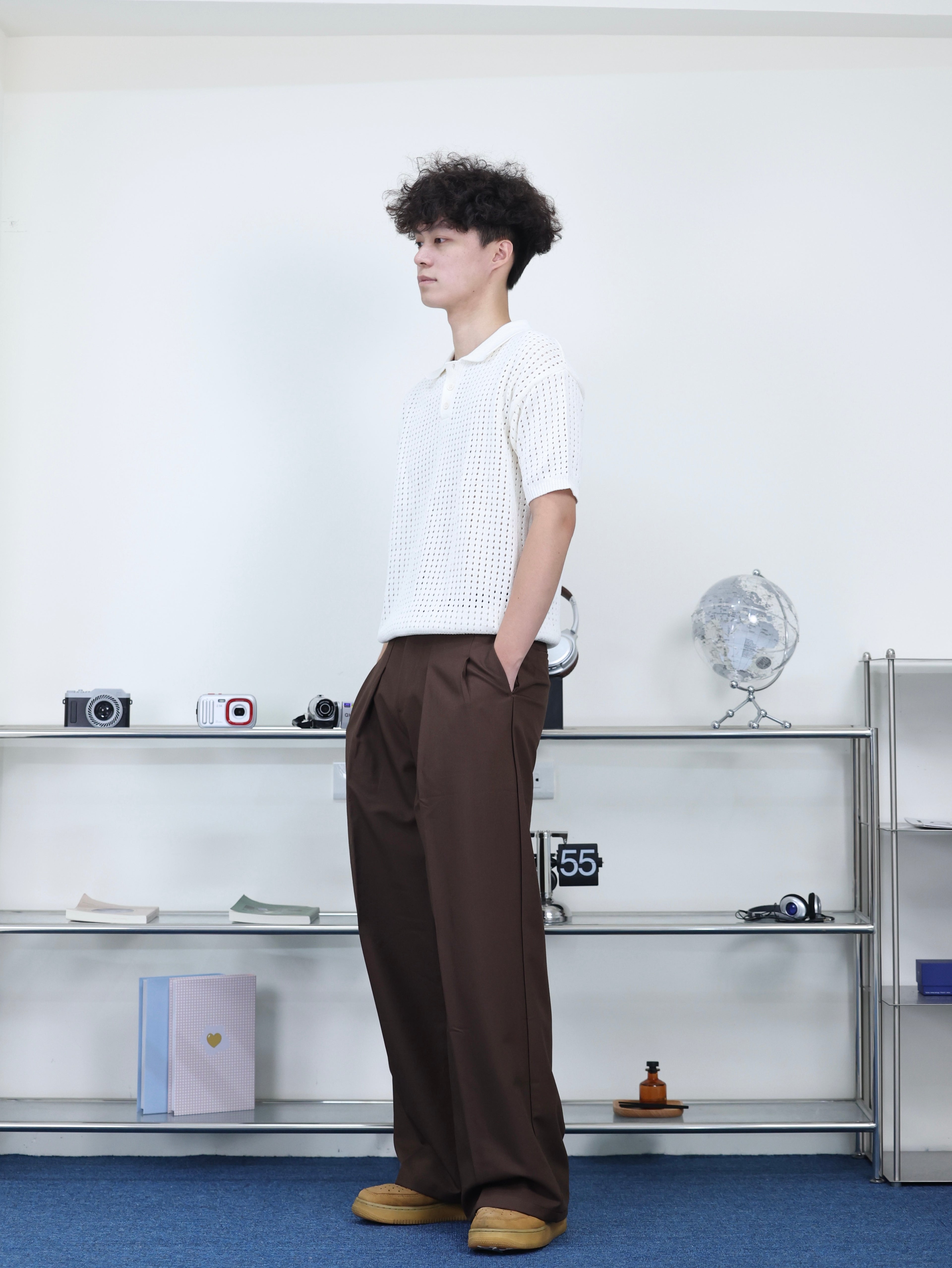 咖色 打褶 垂墜感 落地 直筒 西裝褲