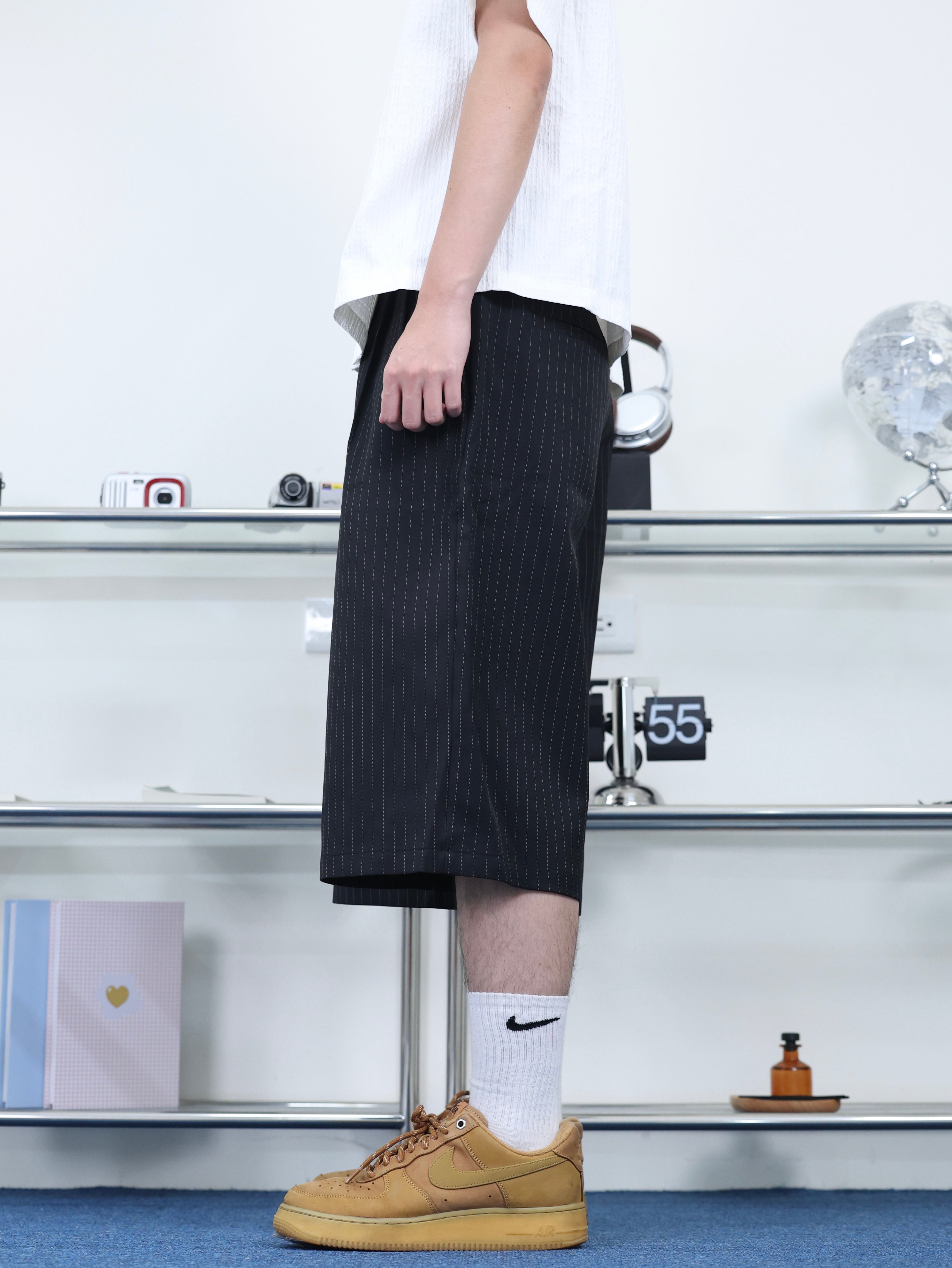打褶 條紋 春夏 百搭 七分 西裝短褲