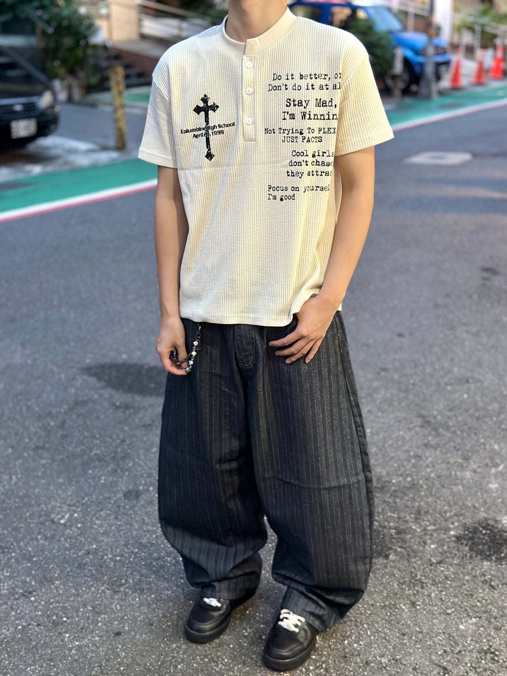 正韓🇰🇷微彎刀 寬版 落地 條紋 原牛牛仔褲