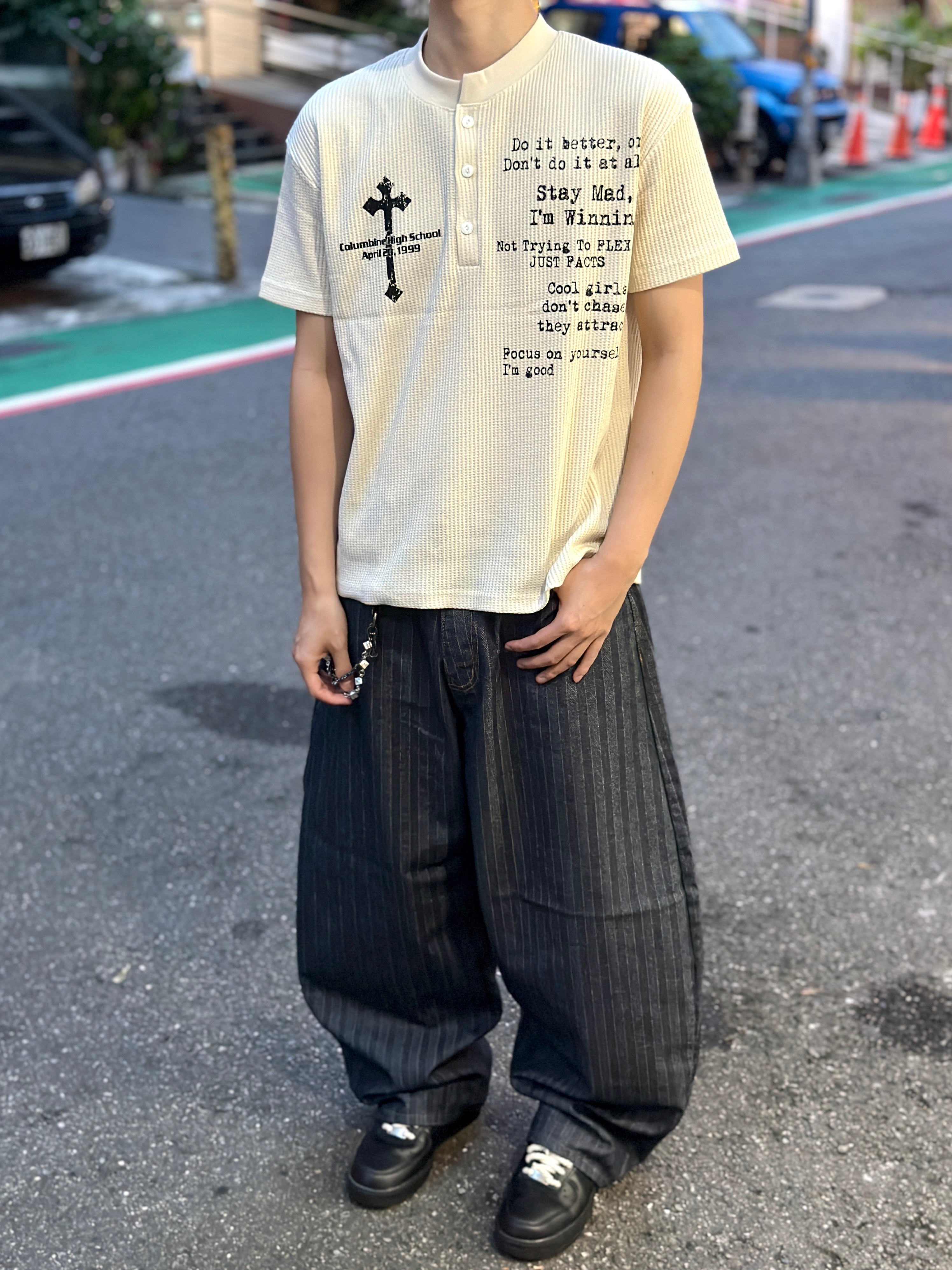 正韓🇰🇷微彎刀 寬版 落地 條紋 原牛牛仔褲