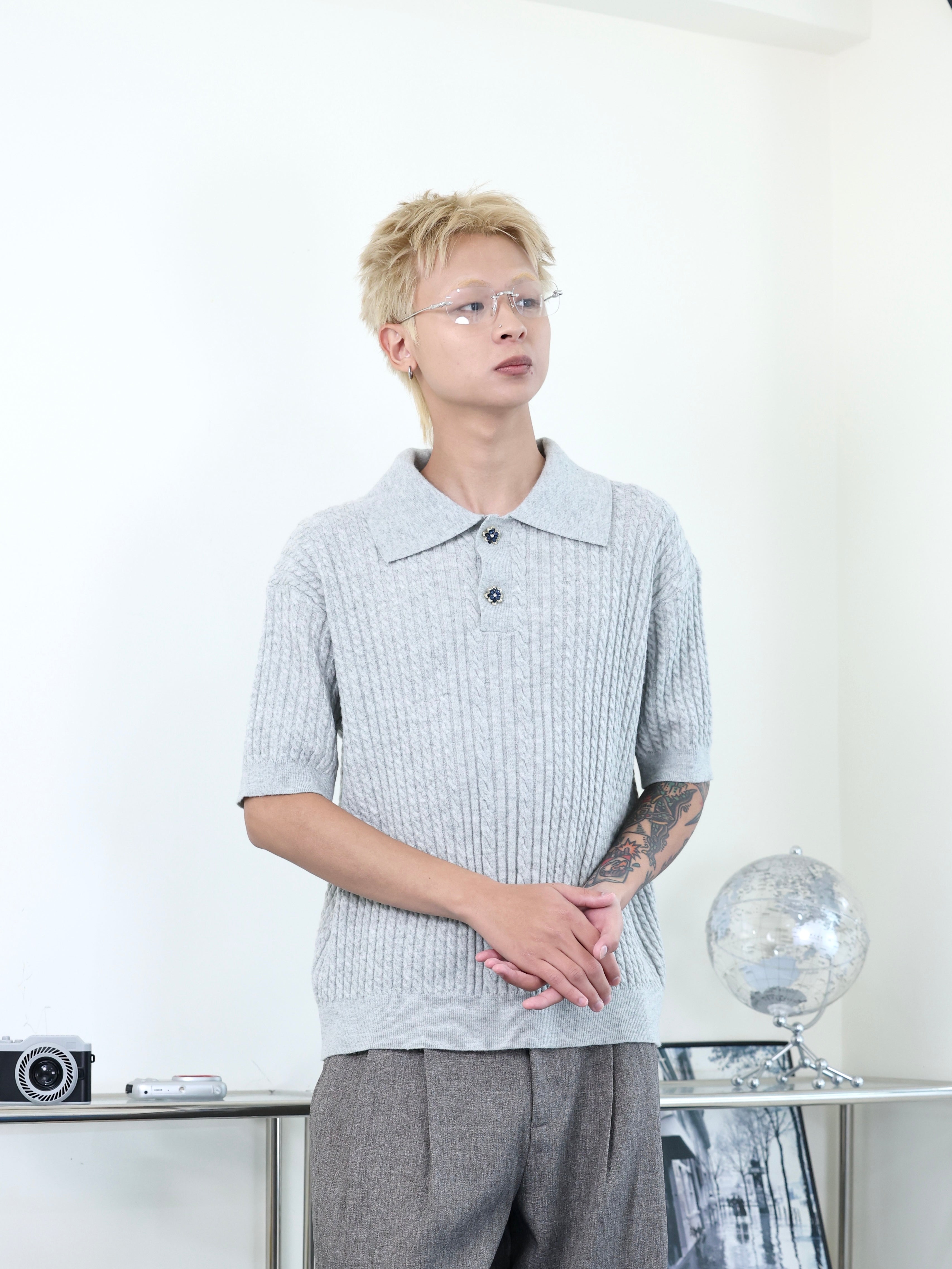 老錢風 翻領 麻花 花朵鈕扣 polo針織短袖