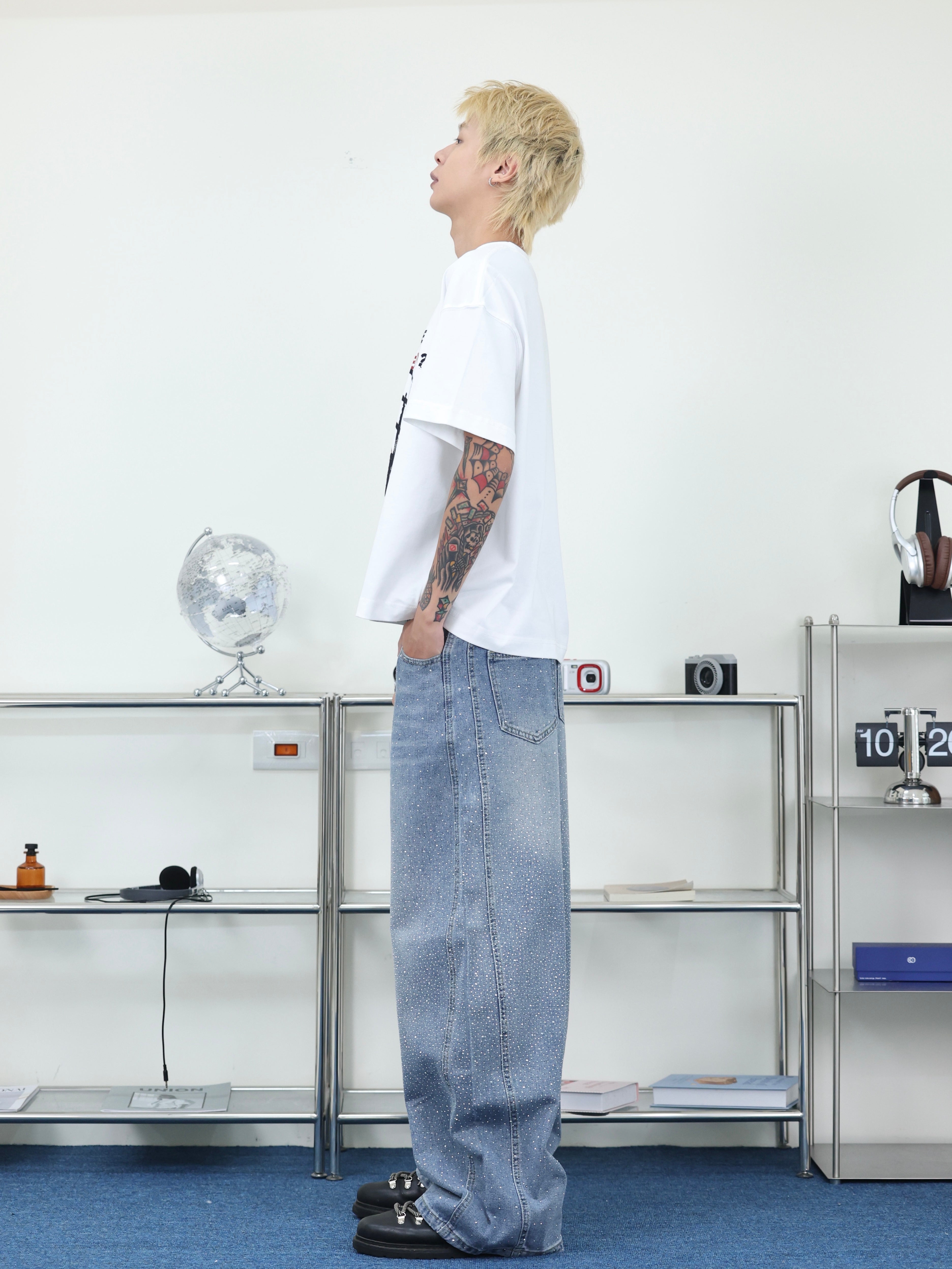 美式 燙鑽 廓型 baggy 落地 寬鬆 帶鑽牛仔褲