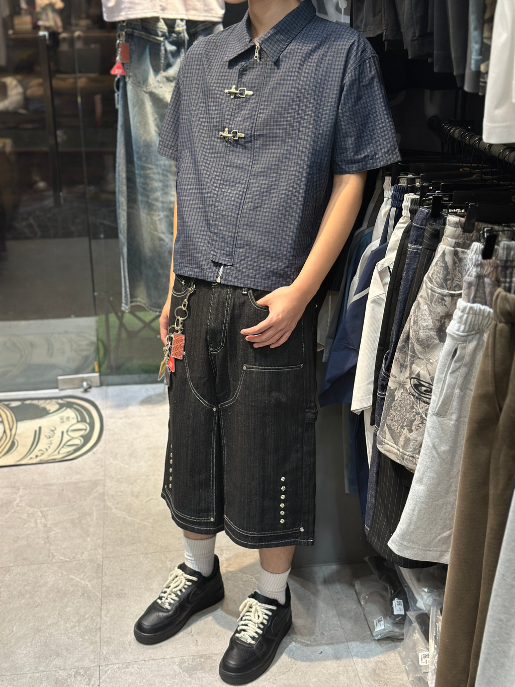 正韓🇰🇷BOXY 短寬 消防扣 拉鍊 小格紋 短版短袖襯衫