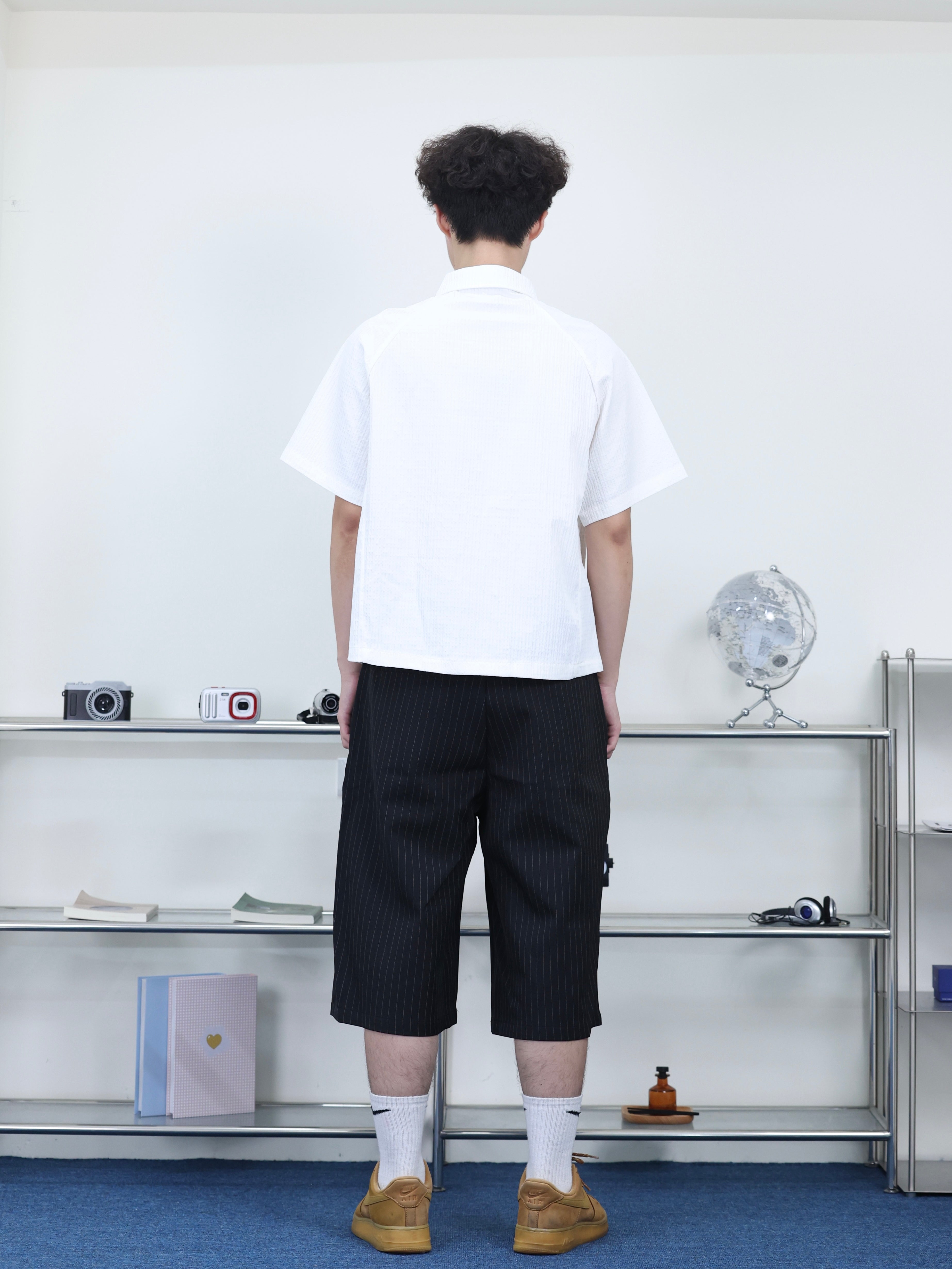 打褶 條紋 春夏 百搭 七分 西裝短褲